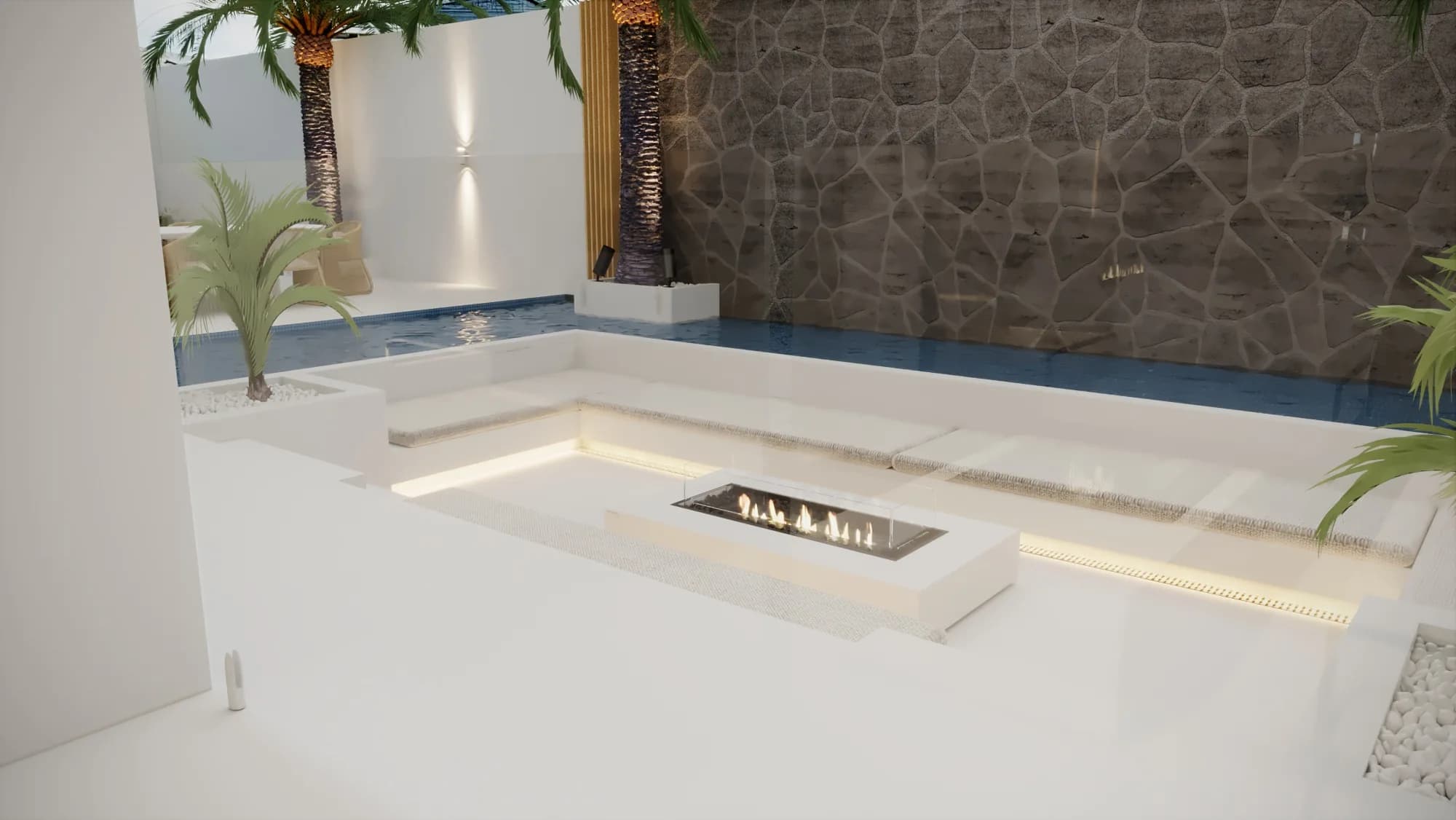 White sunken lounge with built-in cushioned seating, a linear fire pit and a dark stone water wall