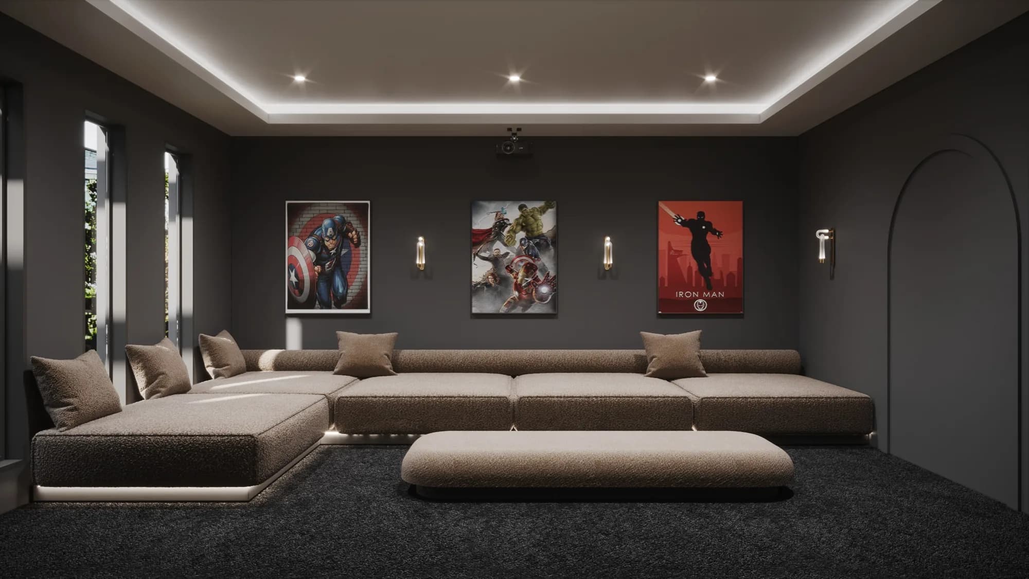 Dark home cinema with charcoal walls, a low taupe sectional, superhero artwork and an illuminated ceiling recess