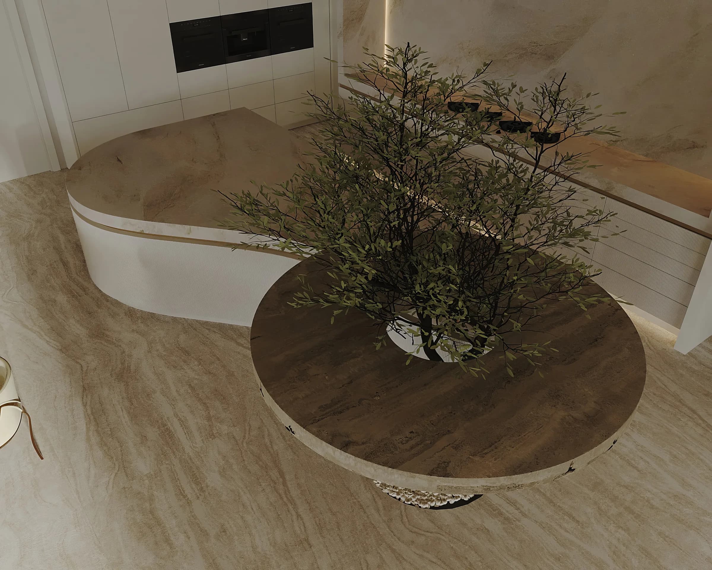Kitchen with a curved stone island, fluted ivory cabinetry and circular table centred on a leafy indoor tree
