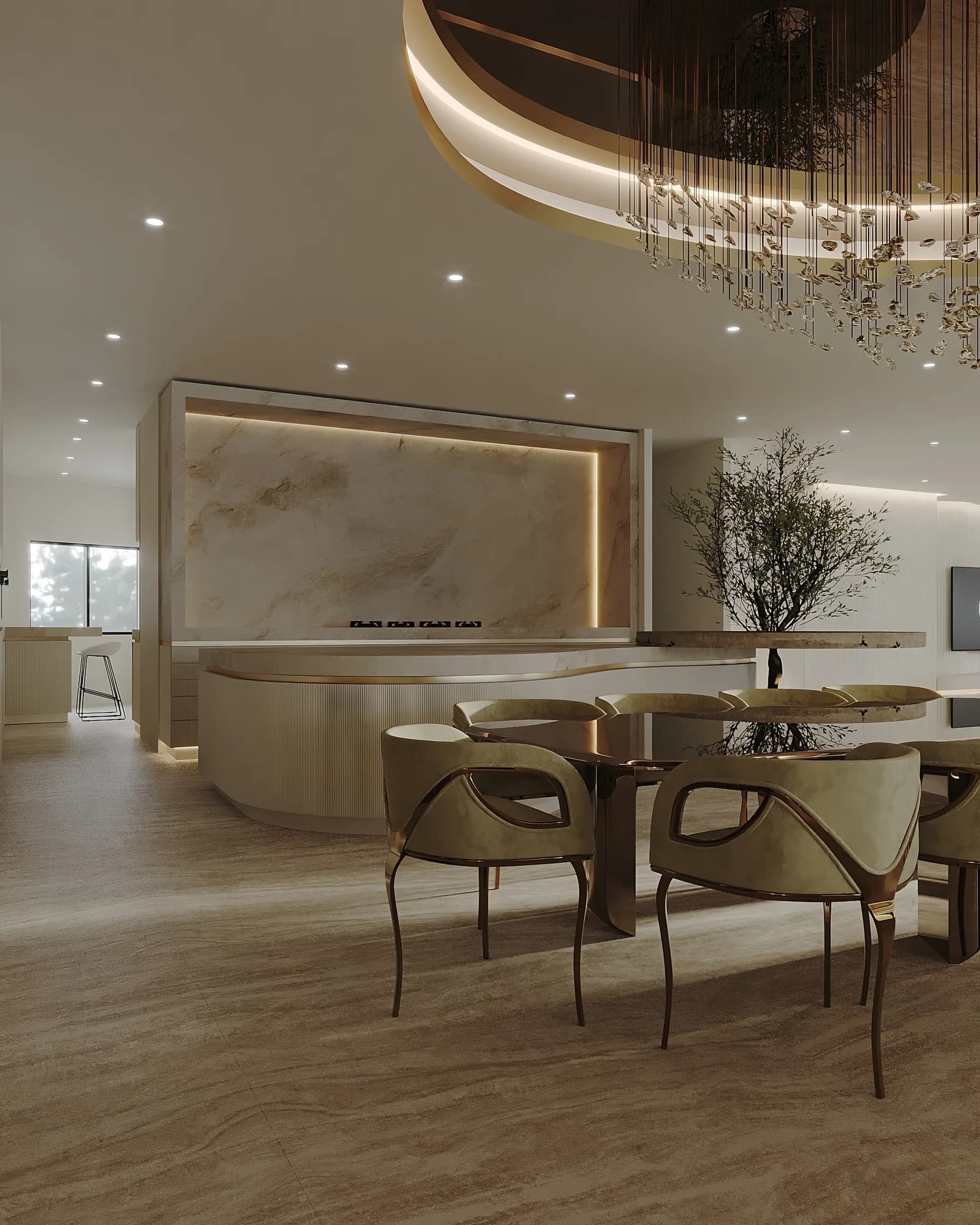 Dining area in warm stone and soft brass, framed by a curved bar and backlit stone feature wall