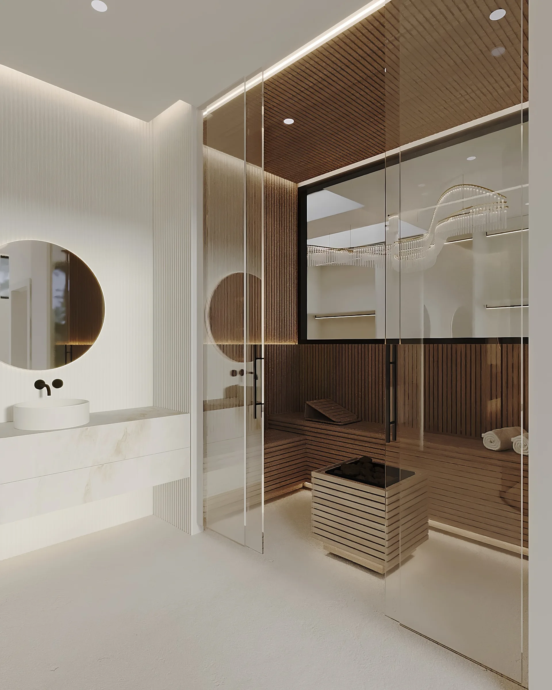 Spa bathroom with a glass-fronted timber sauna, pale stone vanity and softly illuminated round mirror