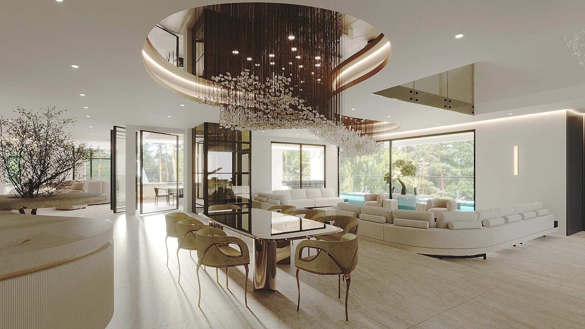 Open-plan dining and living area with pale stone floors, curved cream seating and a cascading crystal chandelier