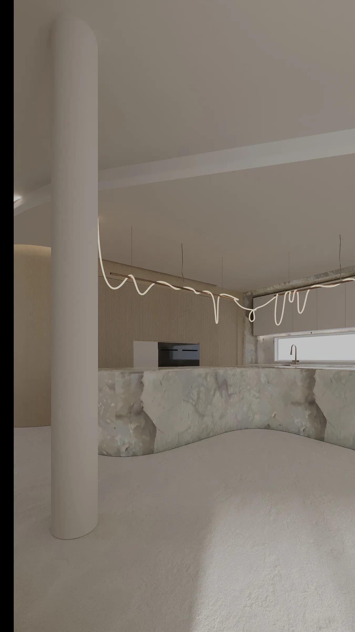 Warm neutral kitchen with a curved translucent stone island, ribbed timber cabinetry and a looping pendant