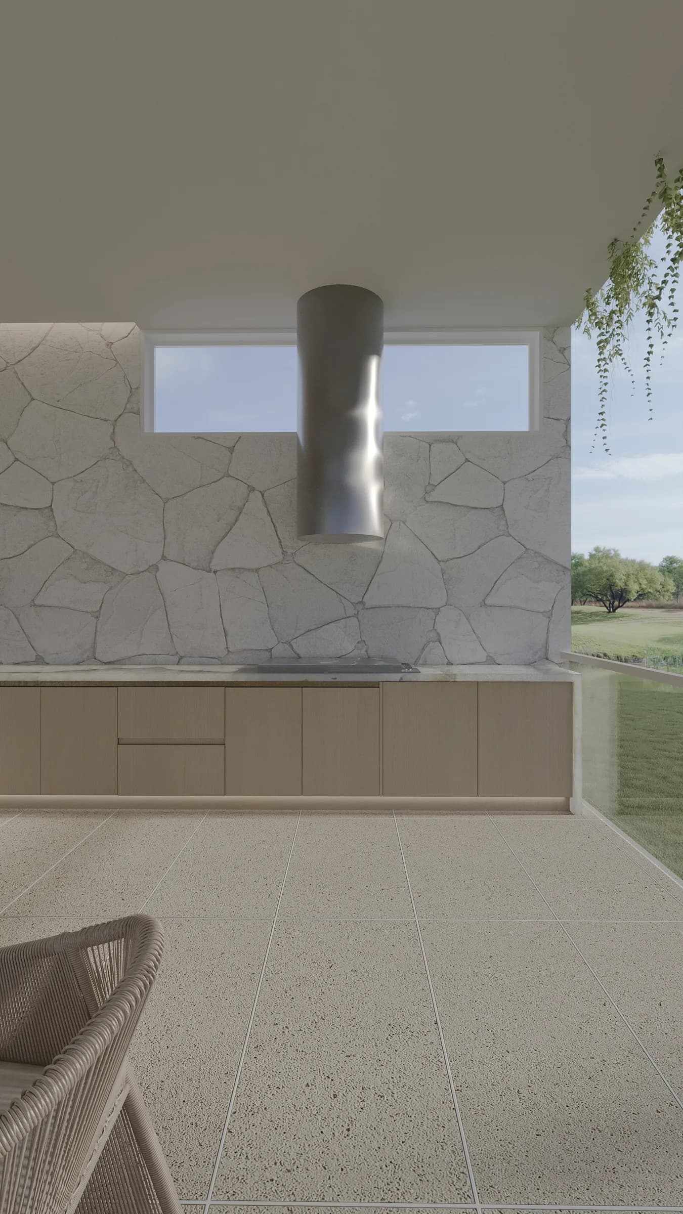 Outdoor kitchen with pale timber cabinetry, an irregular stone wall and a sculptural stainless steel range hood