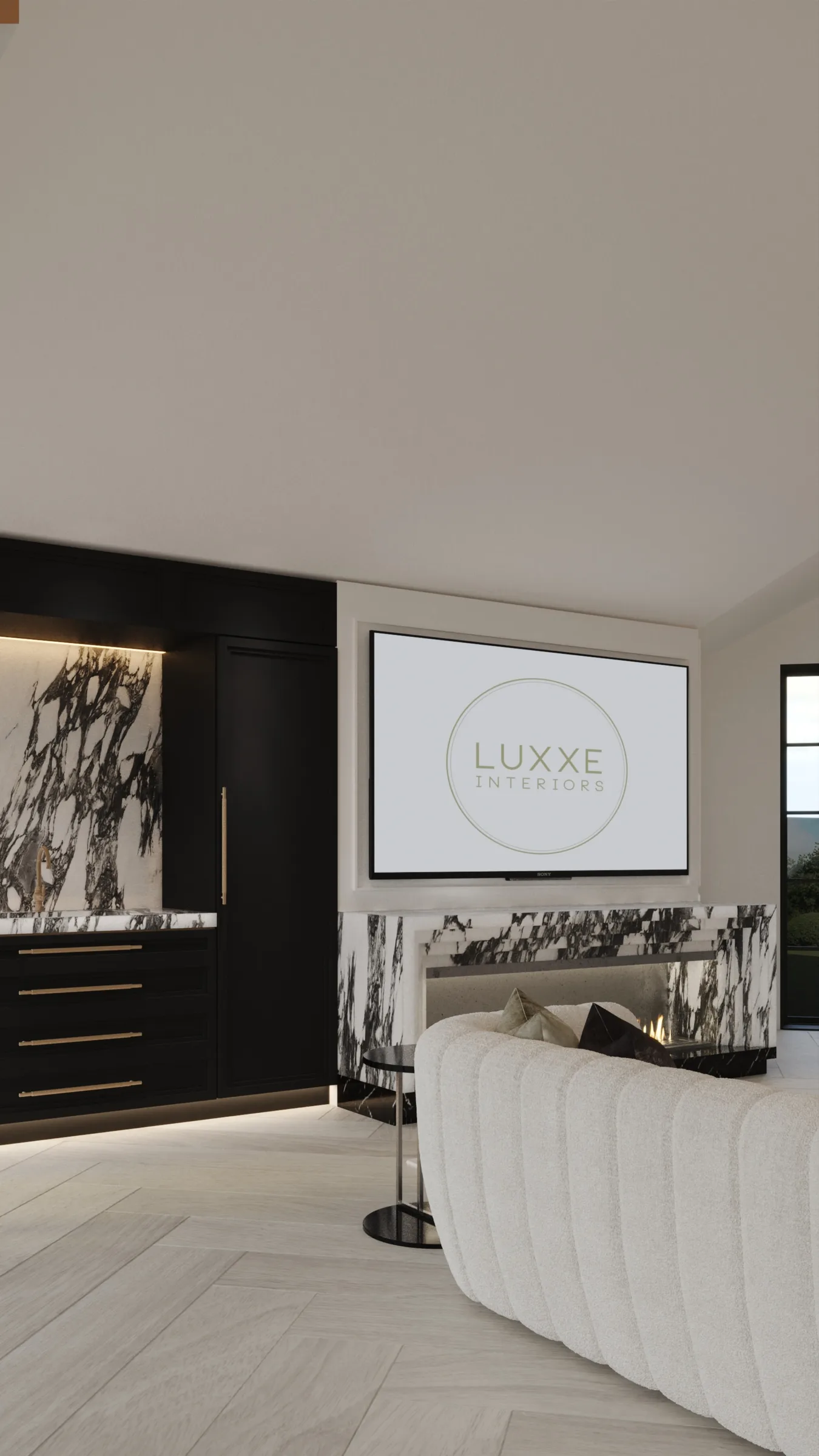 Living room with a curved ivory sofa, black cabinetry and a boldly veined marble fireplace beneath the television