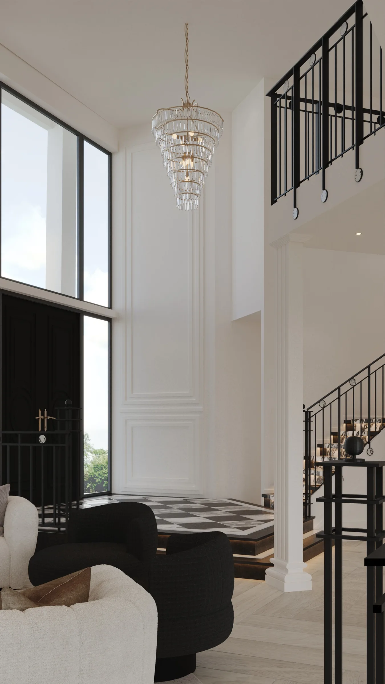 Broadbeach penthouse lounge with a curved custom sofa, tiered glass chandeliers and warm layered light by Luxxe Interiors.