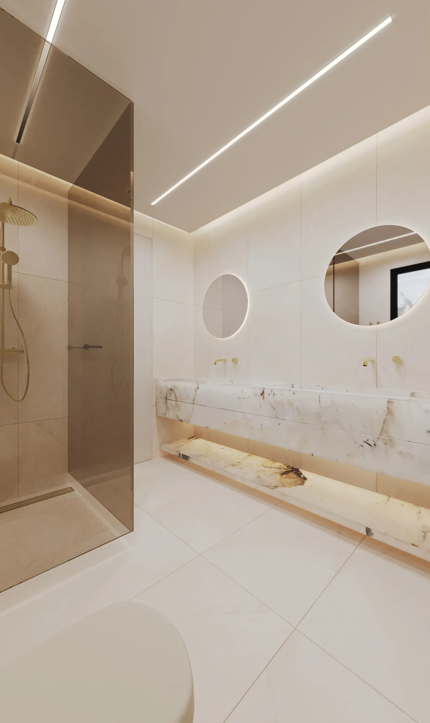 Ivory bathroom with a bronze-glass shower, twin round mirrors and a dramatically veined marble vanity