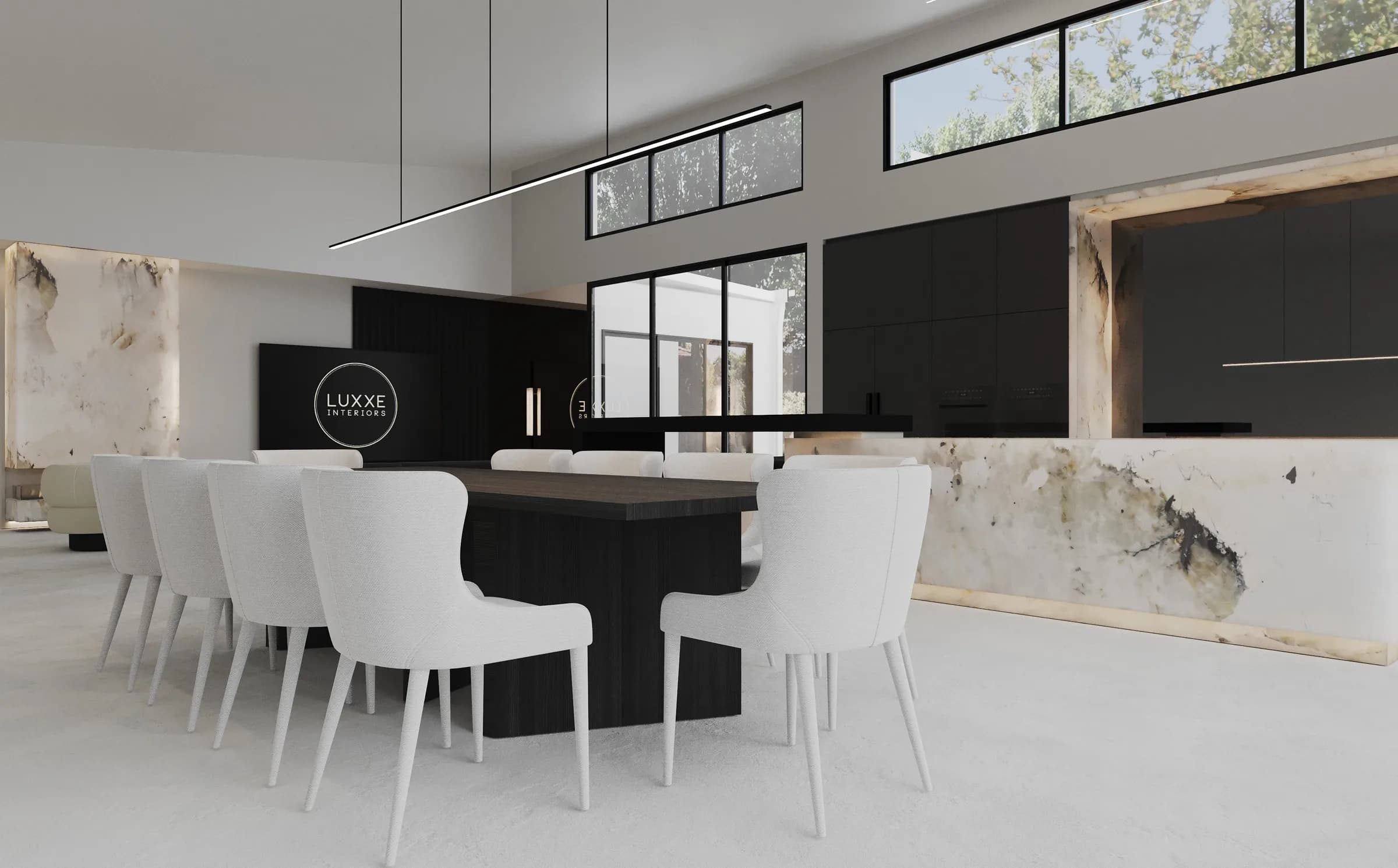 Dining area with a black timber table, ivory chairs and illuminated marble framing the dark kitchen