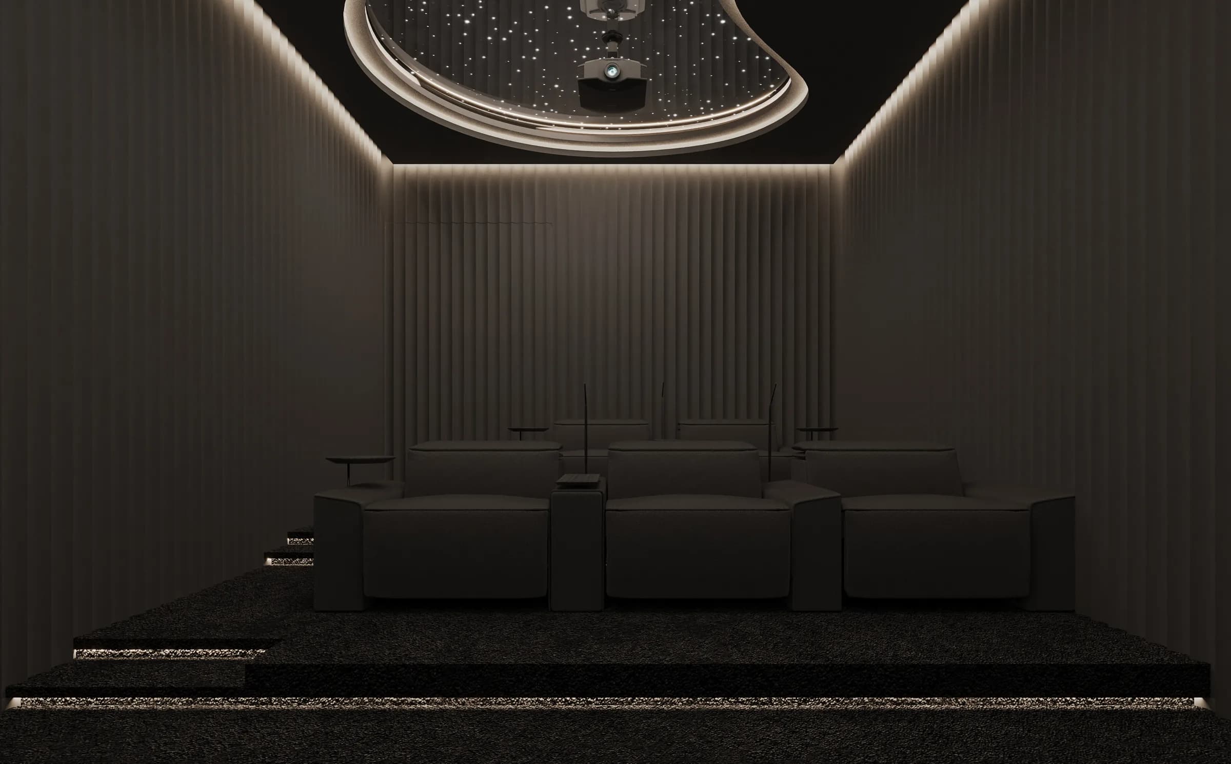 Dark home cinema with tiered recliners, ribbed acoustic walls and an oval starlit ceiling around the projector