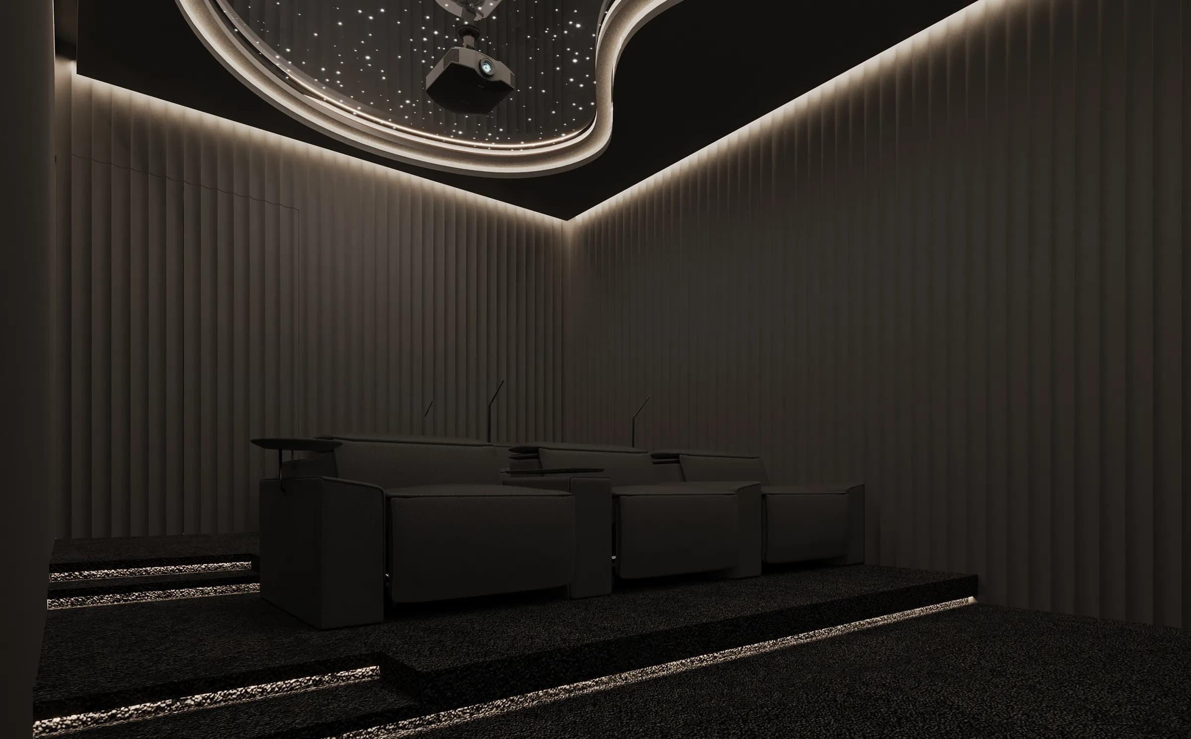Tiered cinema seating beneath a curved starry ceiling, with charcoal carpeting and softly lit step edges