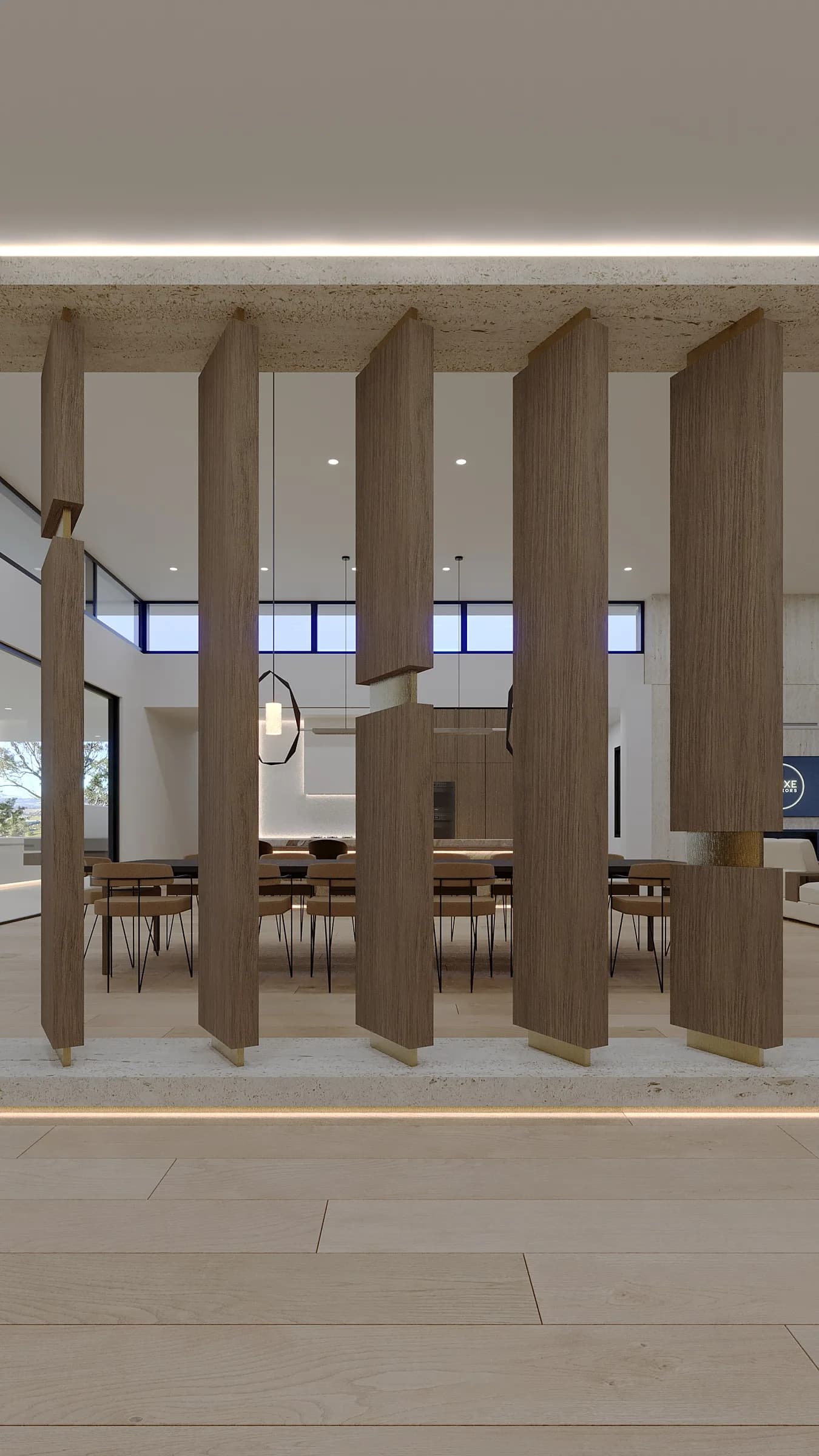 Dining area glimpsed through staggered timber fins, framed by pale stone bands and softly integrated strip lighting