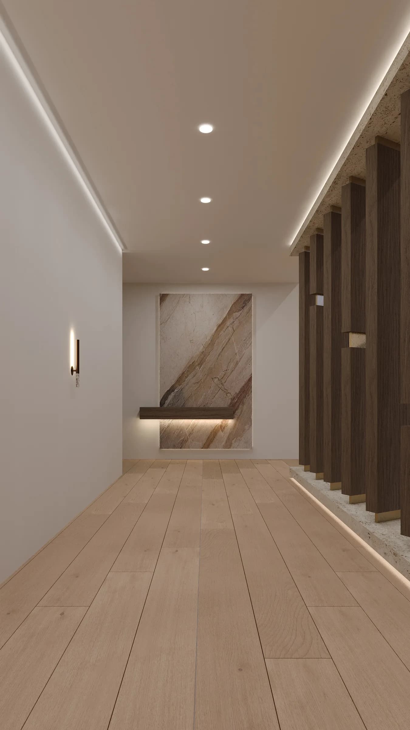 Gallery-like hallway with pale timber flooring, a slatted wood screen and a veined stone panel washed in concealed light