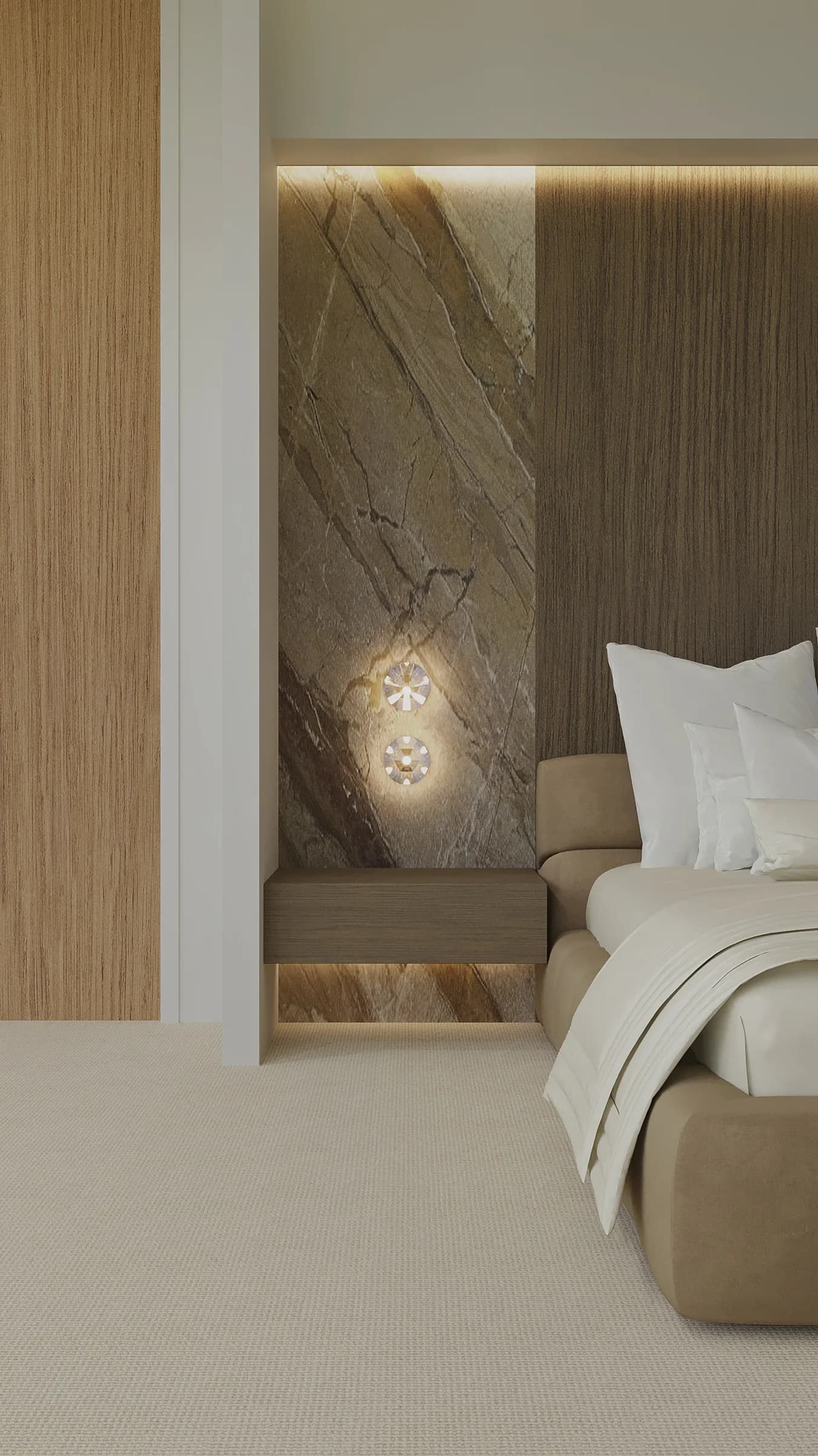 Bedroom detail with a taupe upholstered bed, white linen and an illuminated stone-and-timber headboard with crystal sconces