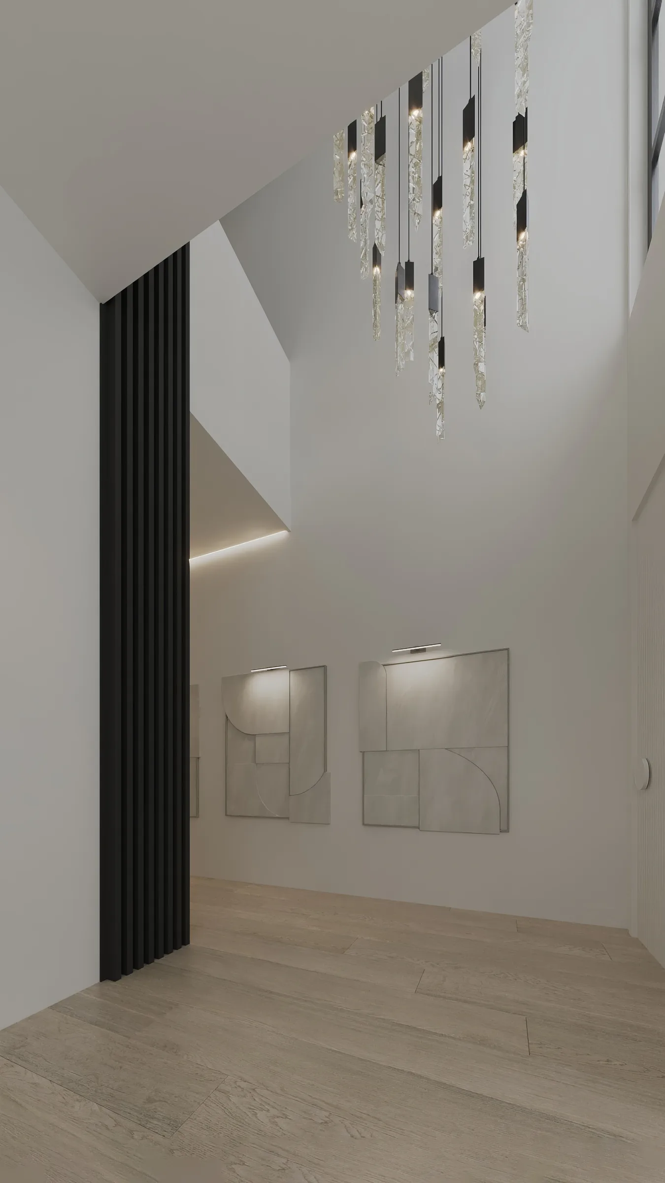 Double-height foyer with pale timber flooring, a black fluted column and cascading crystal pendants