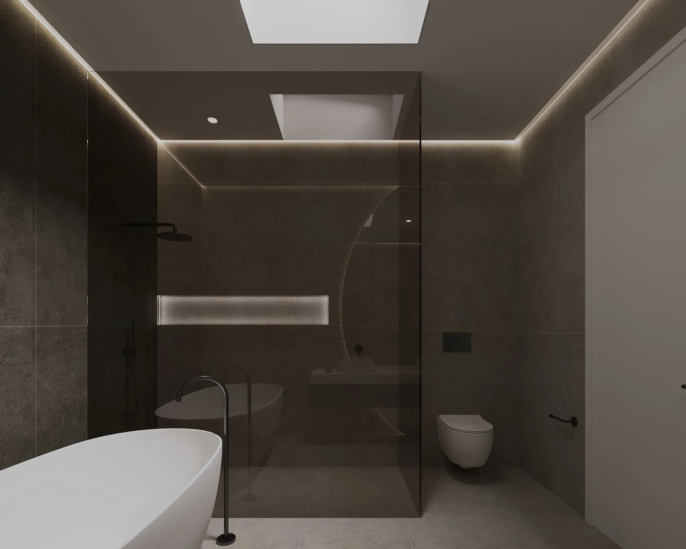 Charcoal-tiled bathroom with a freestanding white bath, smoked-glass shower and glowing perimeter lighting
