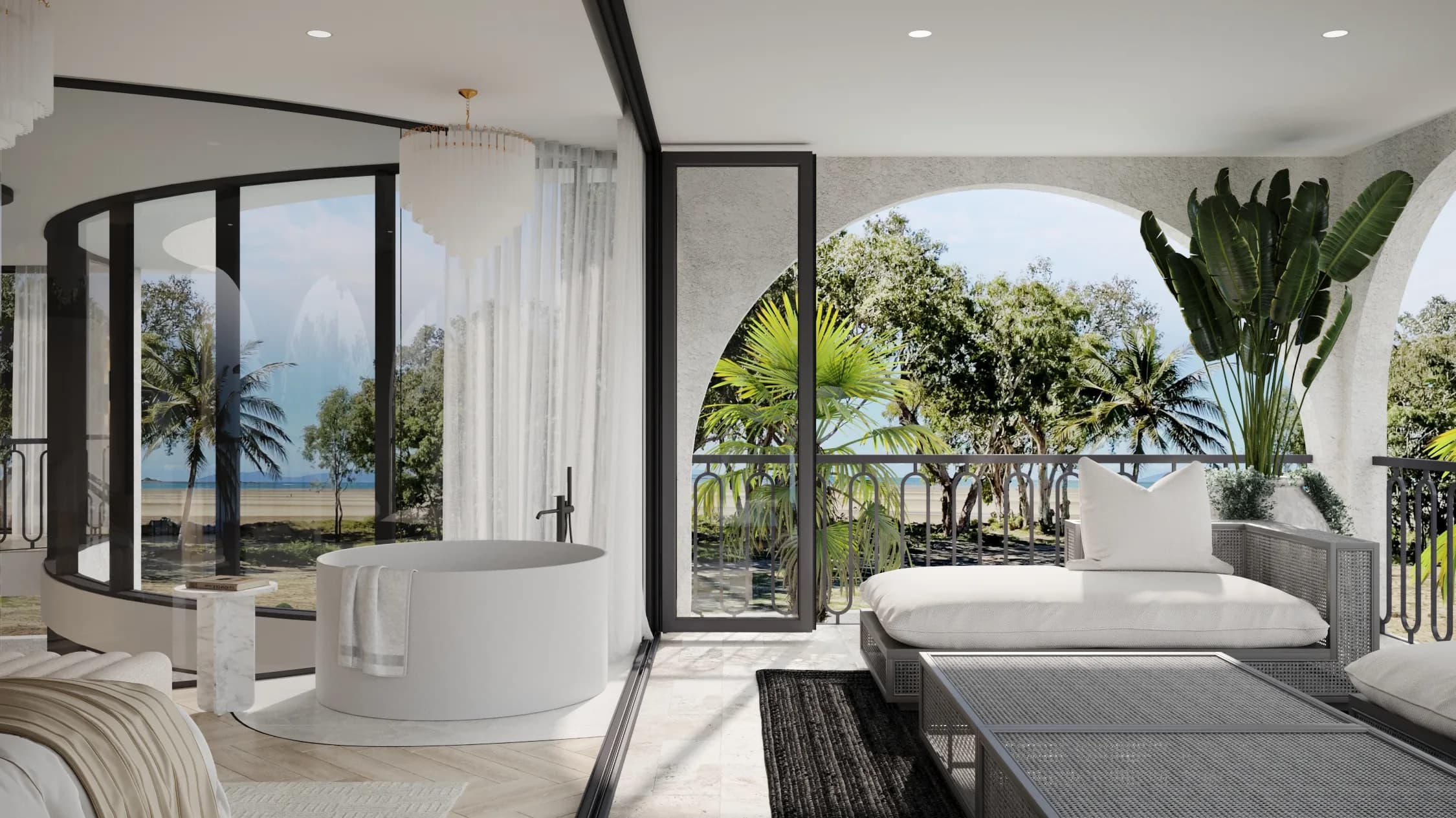 Freestanding white bath on pale stone flooring beside black-framed glass doors opening to an arched balcony