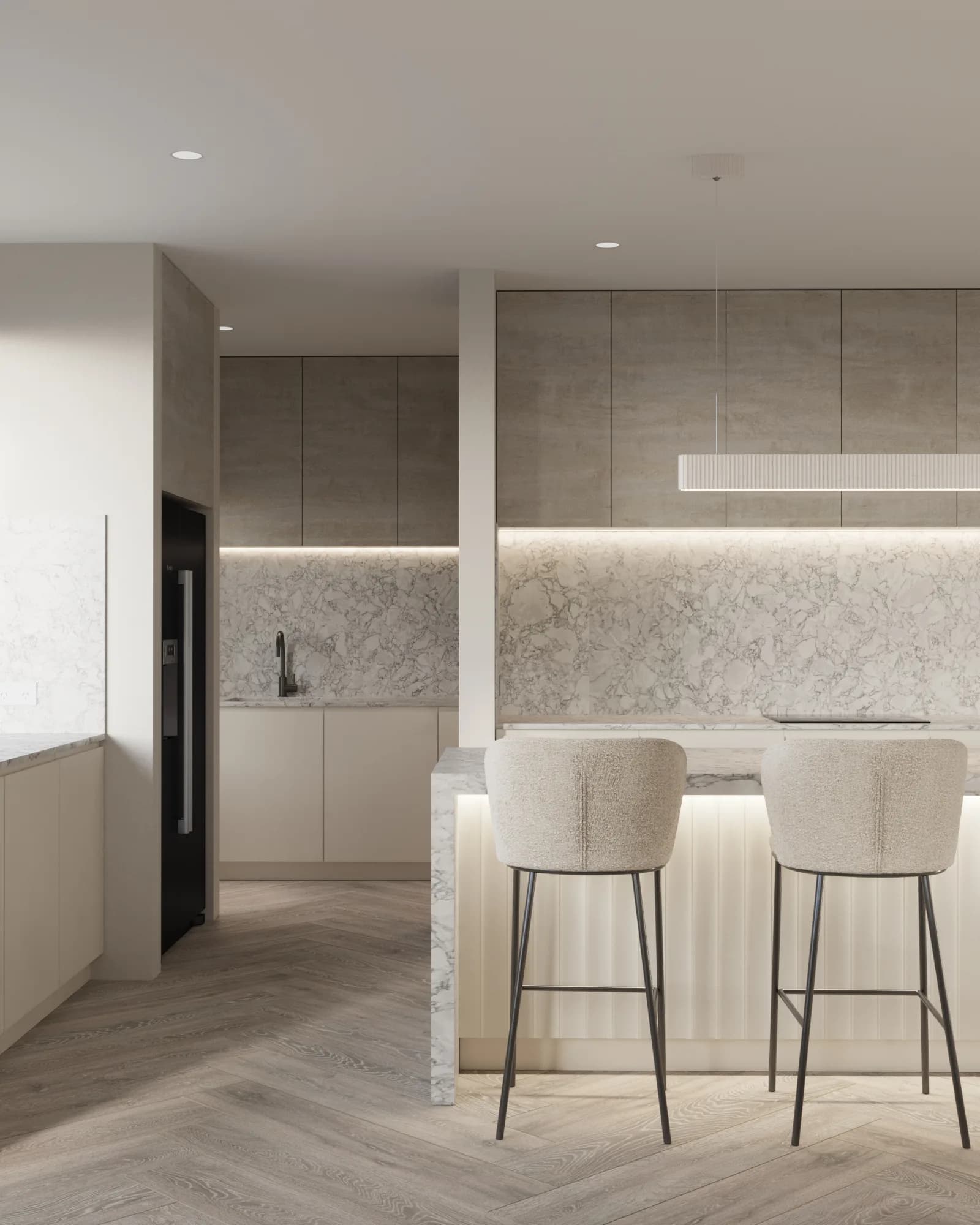 Tonal kitchen framed by veined stone splashbacks, concrete-look cabinetry and an illuminated breakfast bar