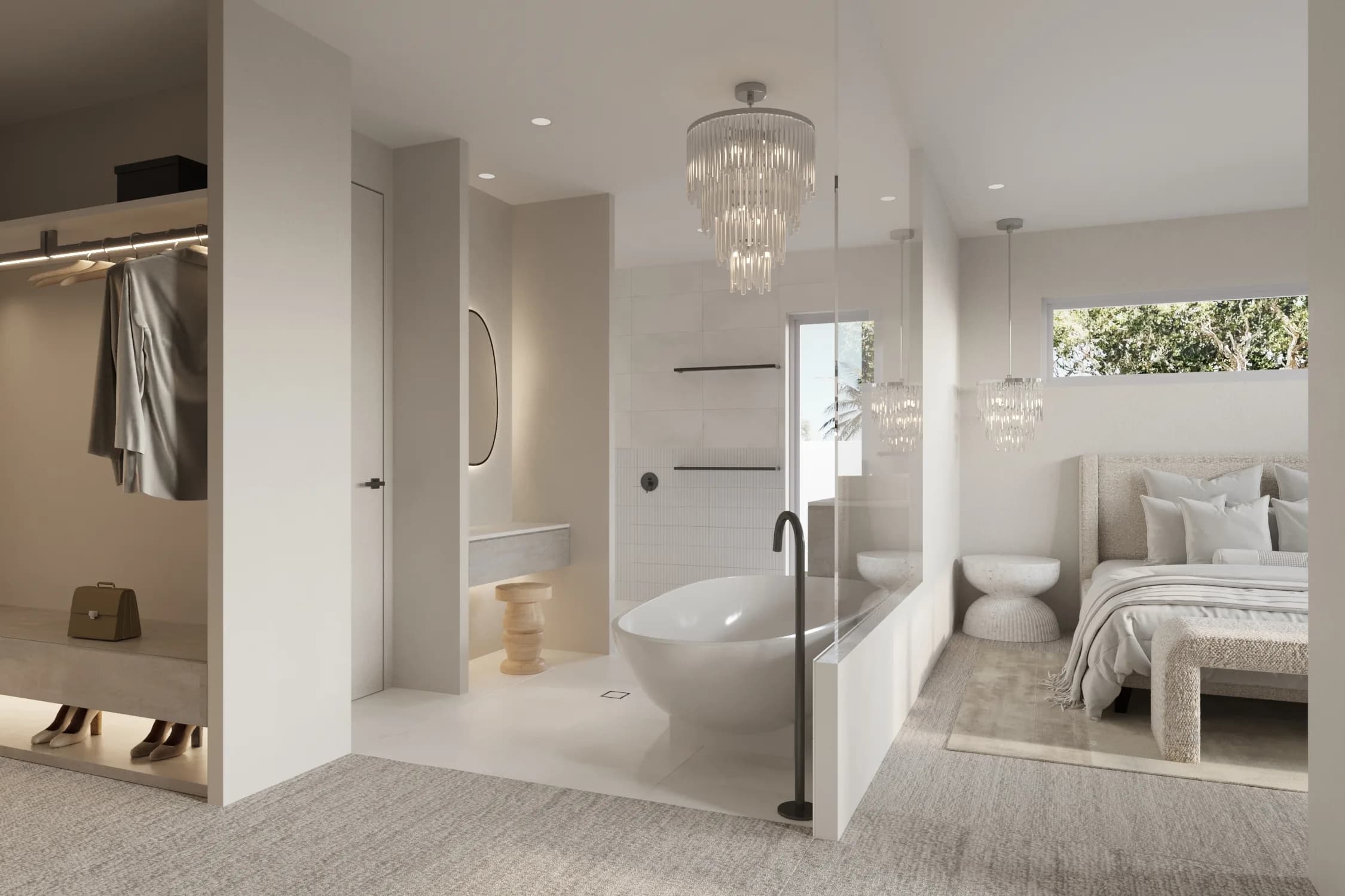 Open-plan bedroom suite with soft neutral upholstery, a freestanding bath and crystal pendant lighting