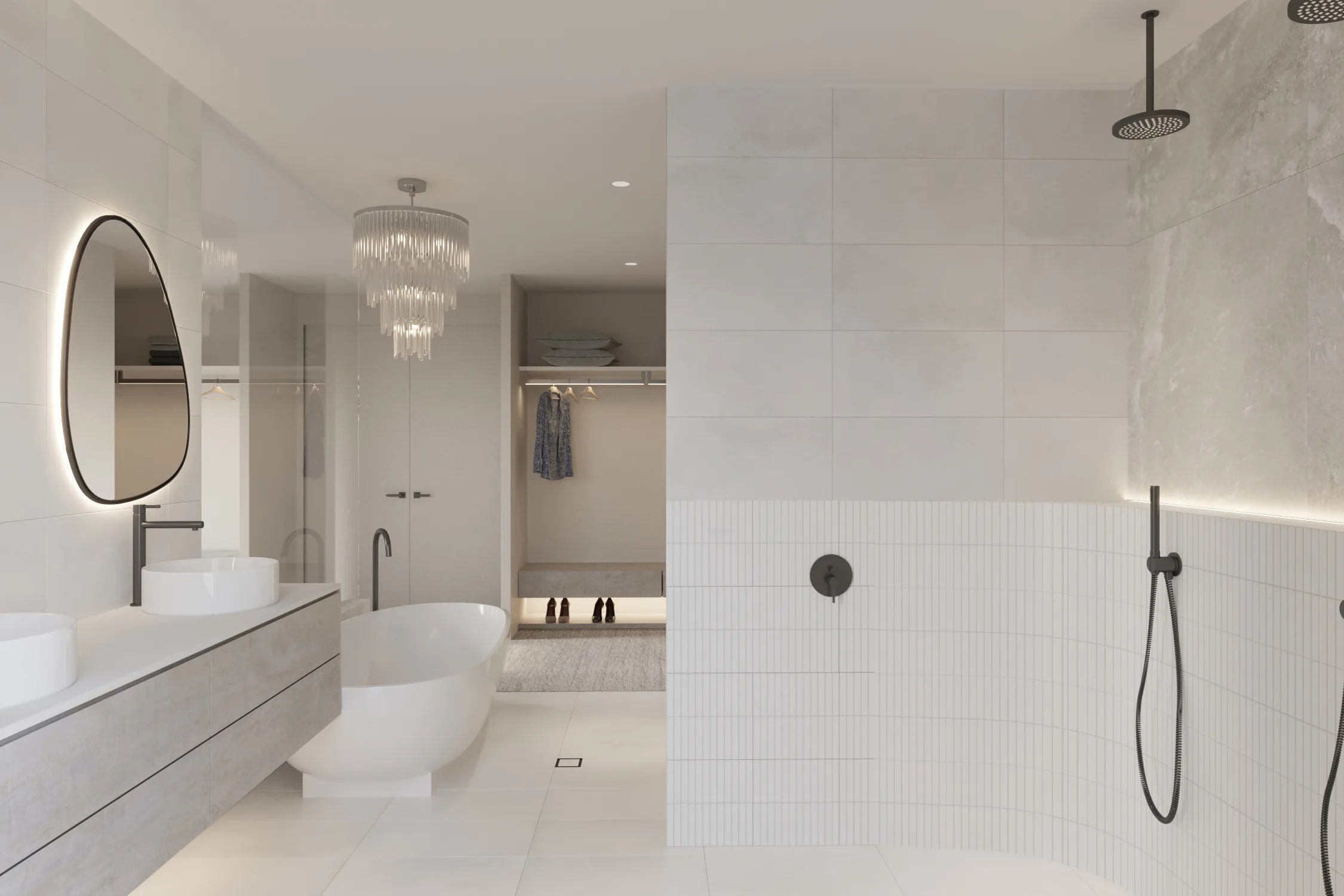 Spa-like ensuite in pale stone and white tile, with a freestanding bath, twin vanity and walk-in shower
