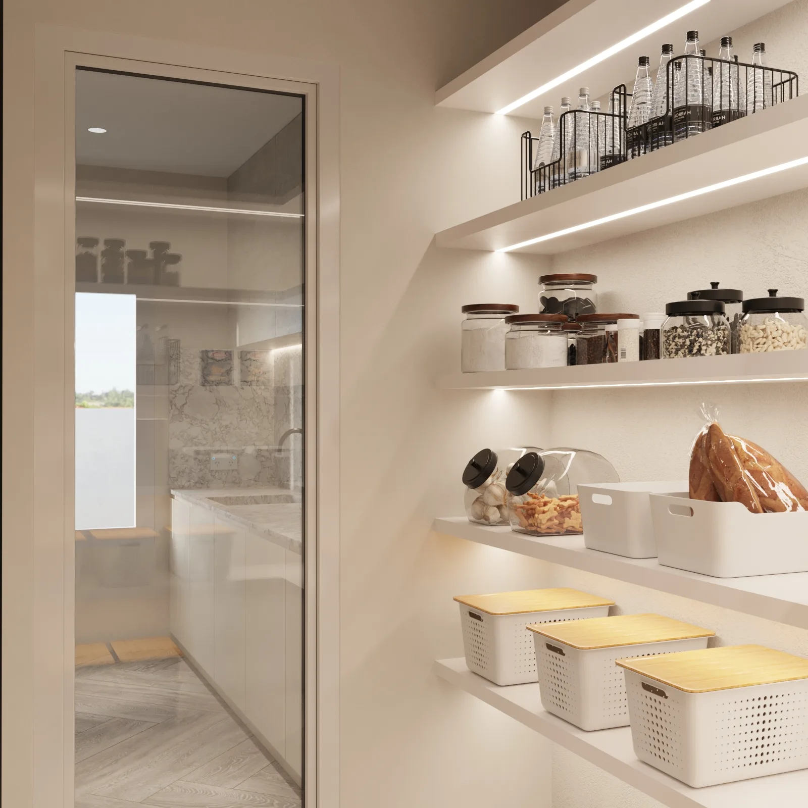 Walk-in pantry with softly lit open shelves, glass food jars, white storage baskets and a glazed door