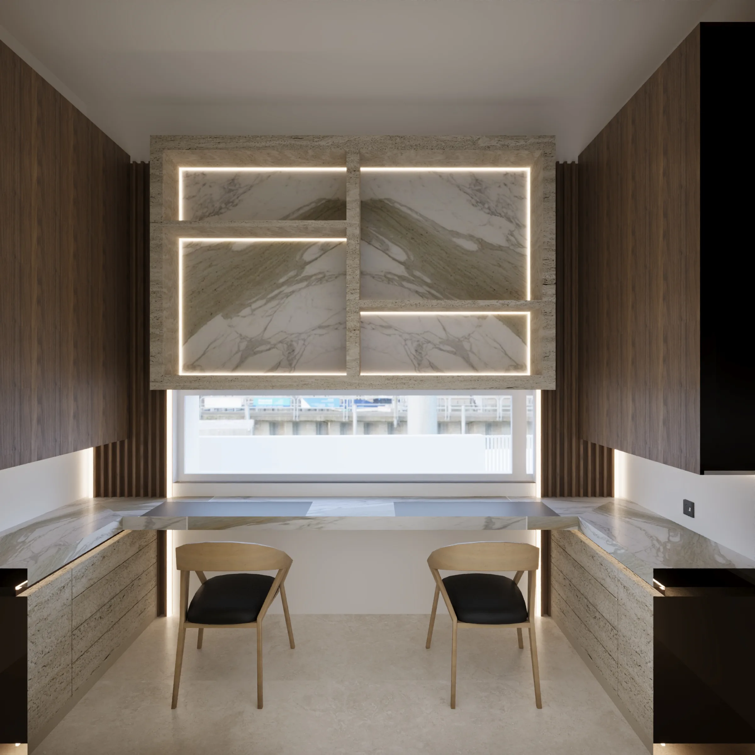Intimate dining nook with dark timber cabinetry, a marble table and backlit stone panels arranged above the window