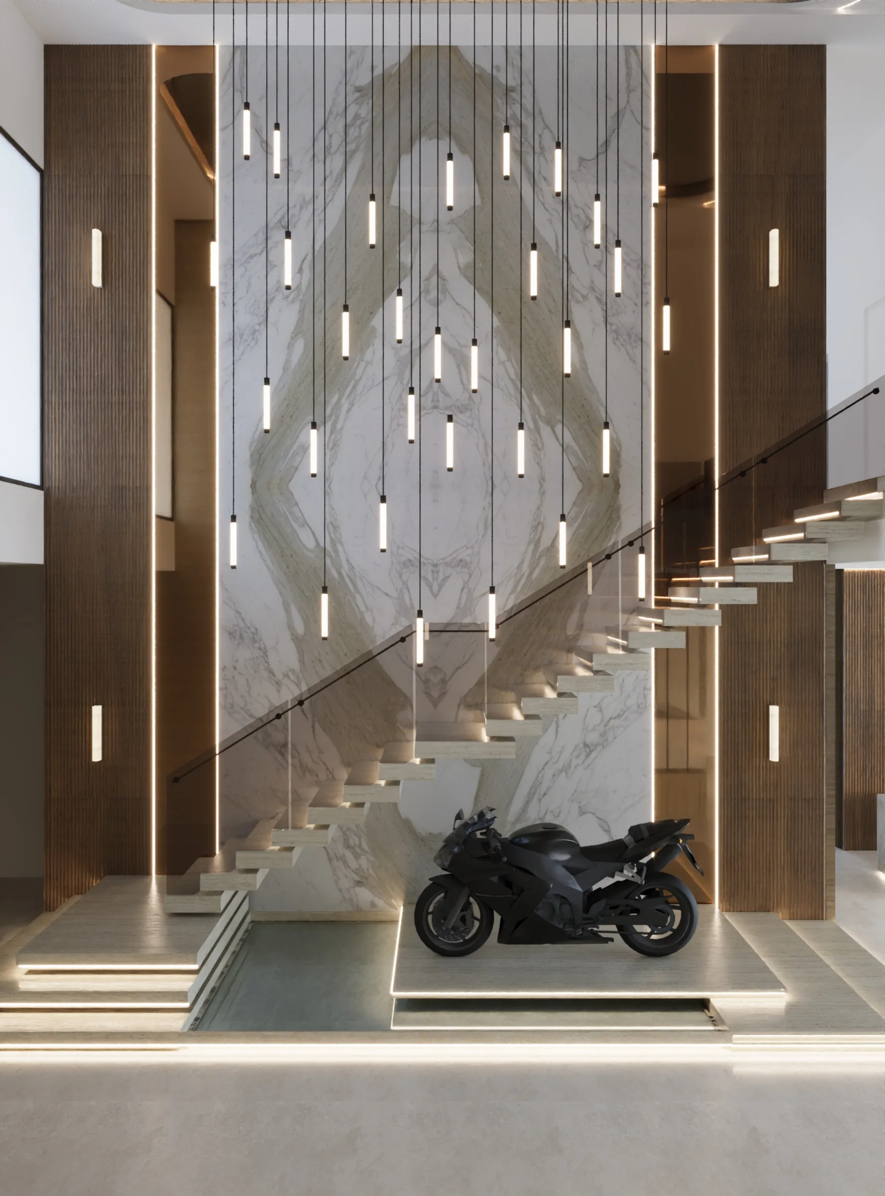 Floating stone stair at a Sovereign Islands residence, set against bookmatched marble with a cascade of pendant lights.