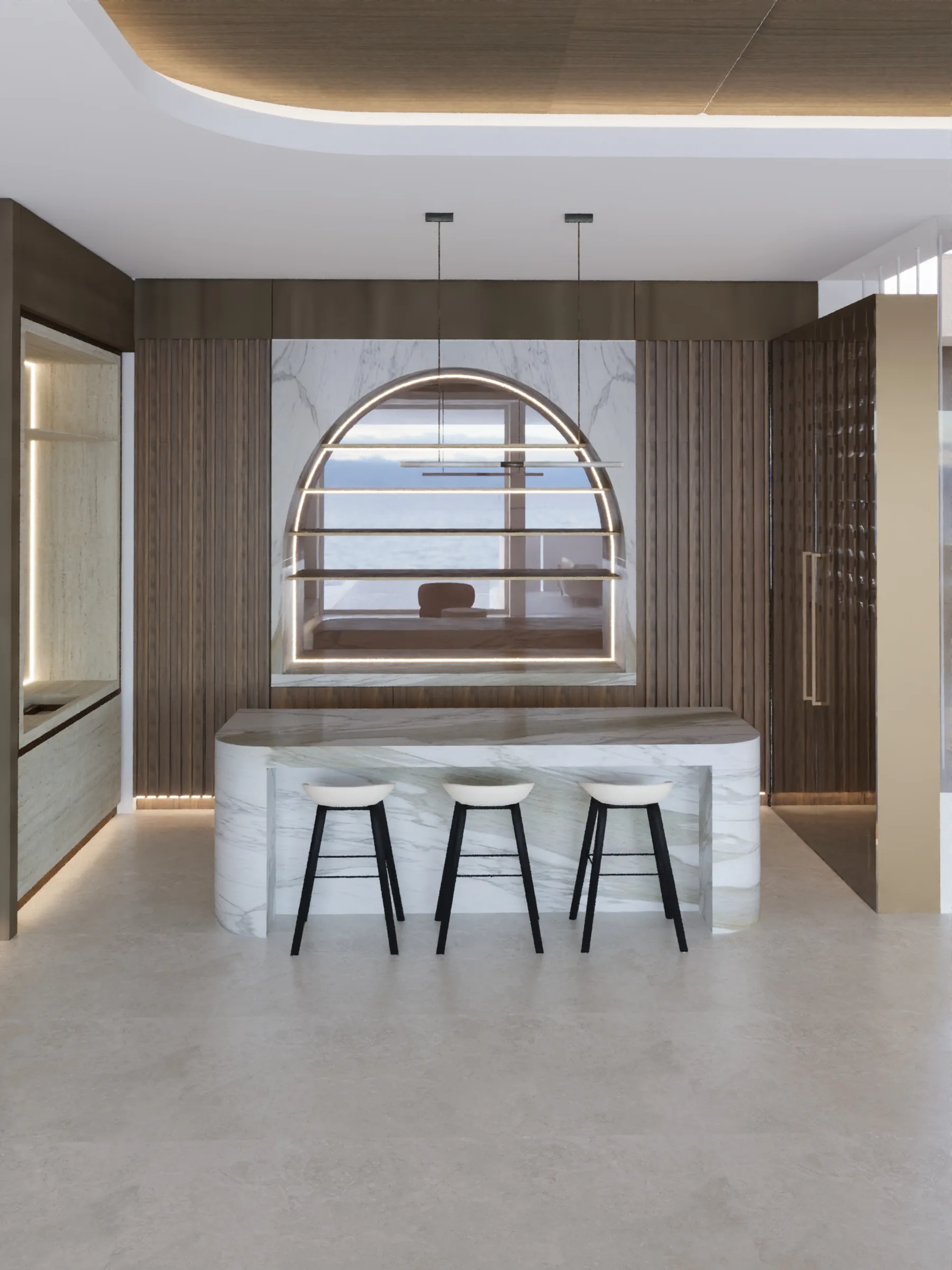 Curved stone bar with counter stools beneath an arched window, framed by fluted timber joinery.