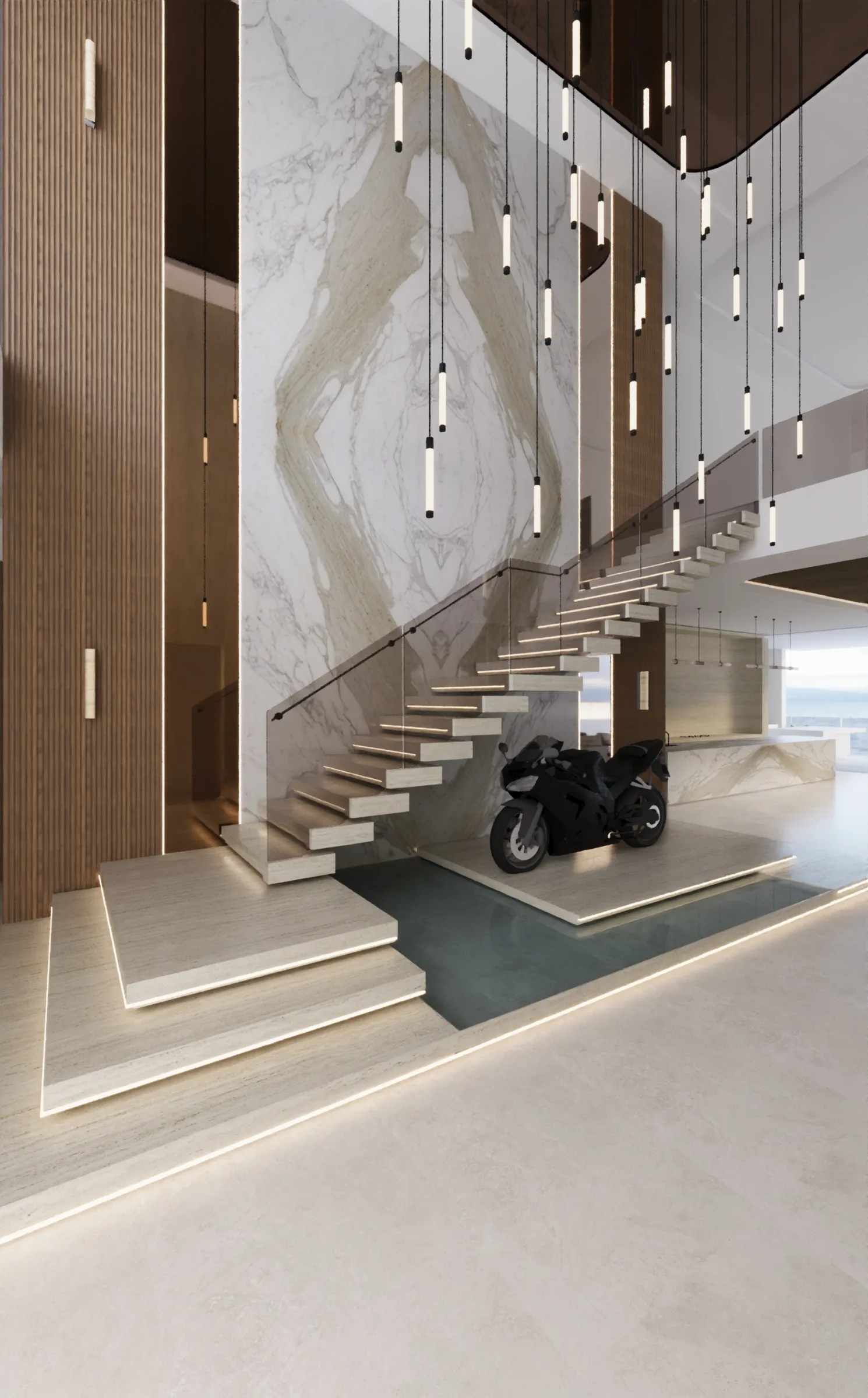 Double-height foyer with floating stone stairs, bookmatched marble wall, cascading pendants and a display motorcycle