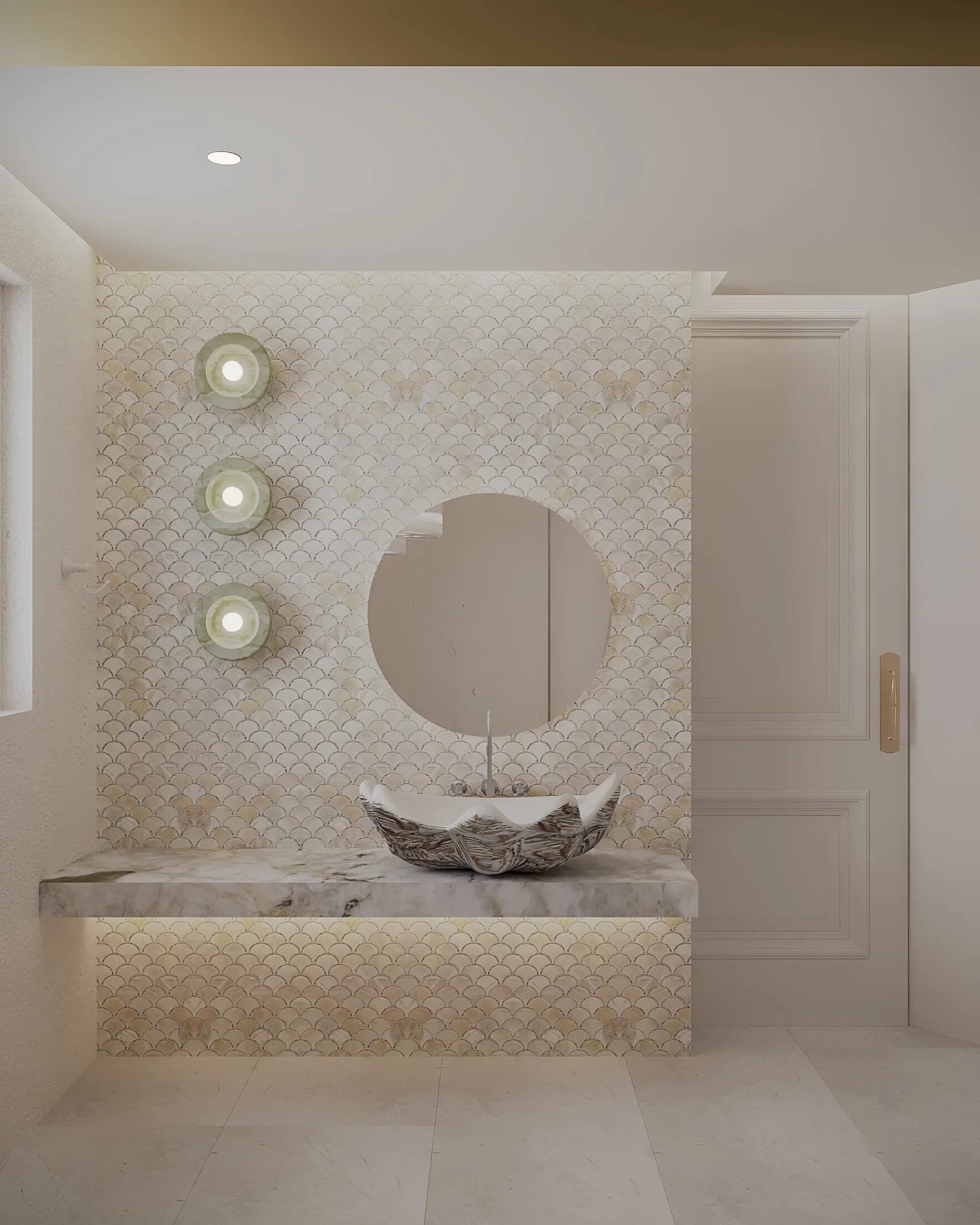 Powder room with a shell mosaic feature wall, round mirror and sculptural basin on a floating marble vanity
