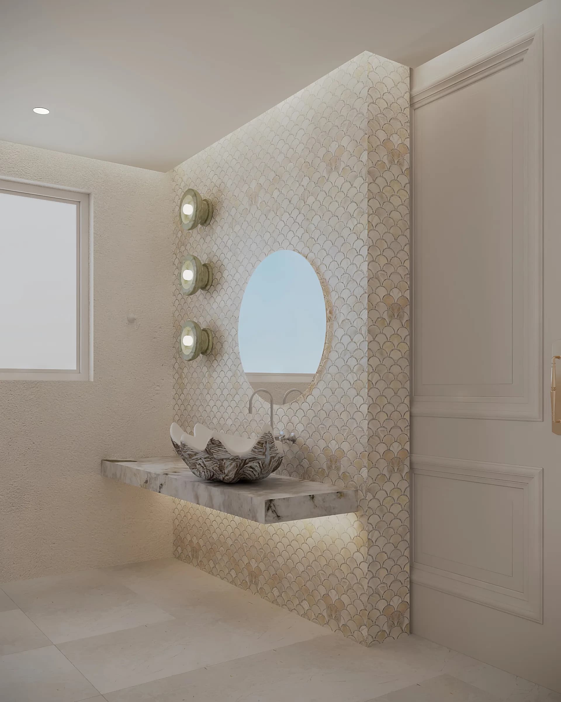 Powder room vanity clad in scallop mosaics, with a round mirror, carved vessel basin and trio of glass sconces
