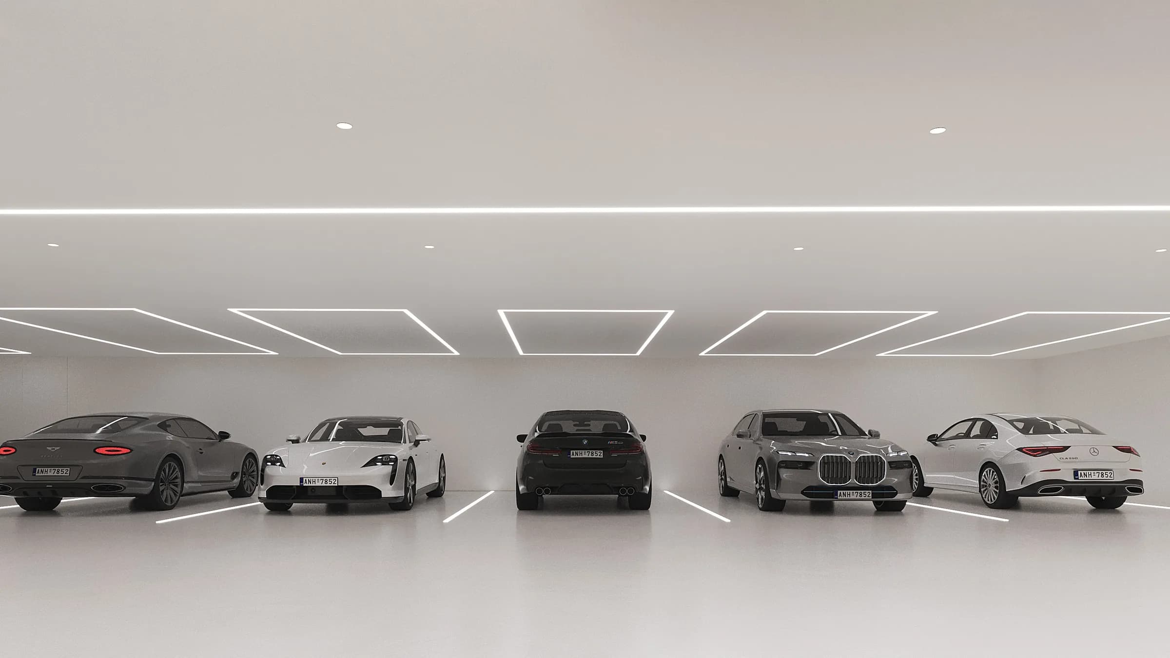 Minimal white garage displaying five luxury cars beneath a sequence of bold geometric strip lights