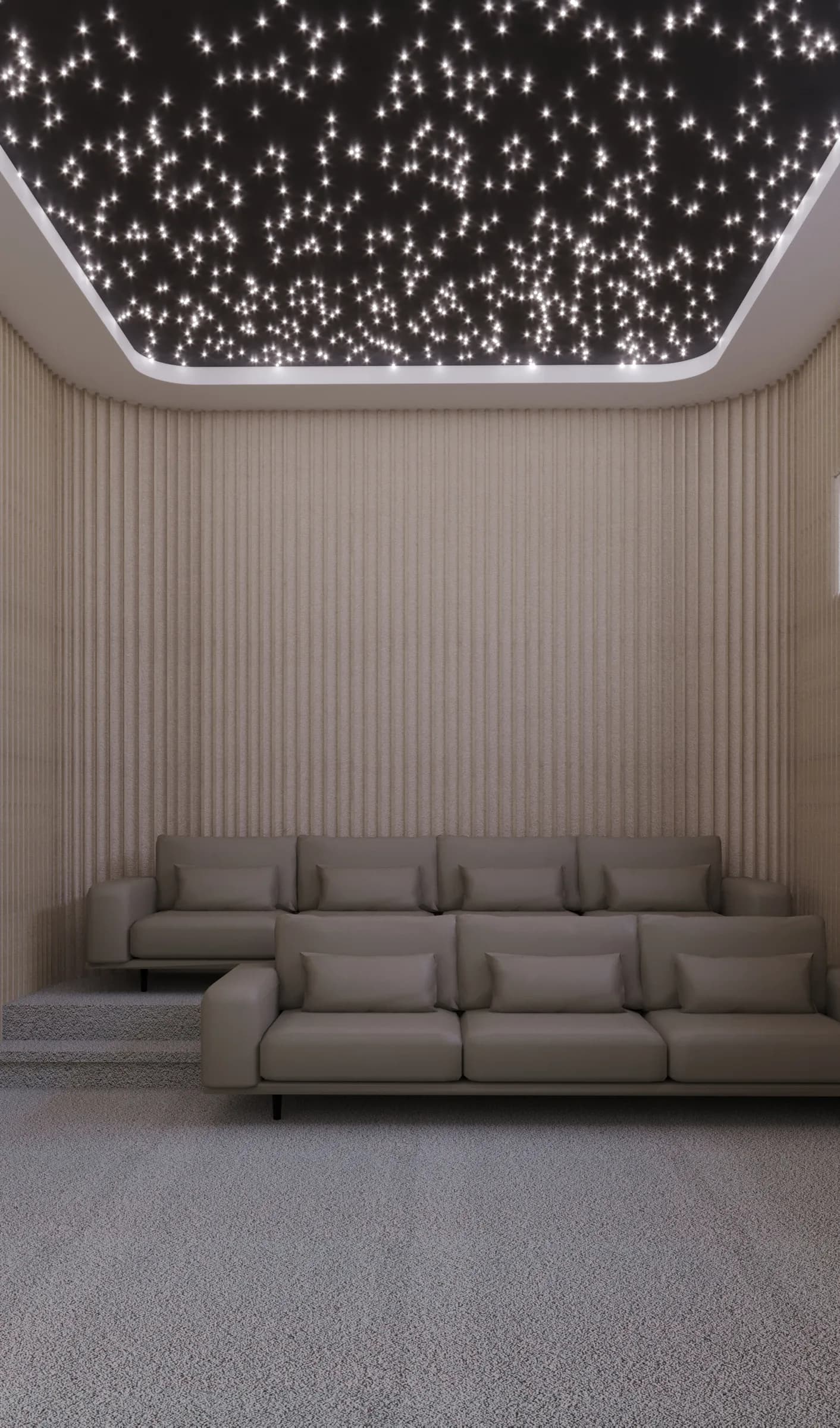 Fluted timber wall and low modular seating in a calm, structurally finished room by Luxxe Interiors.