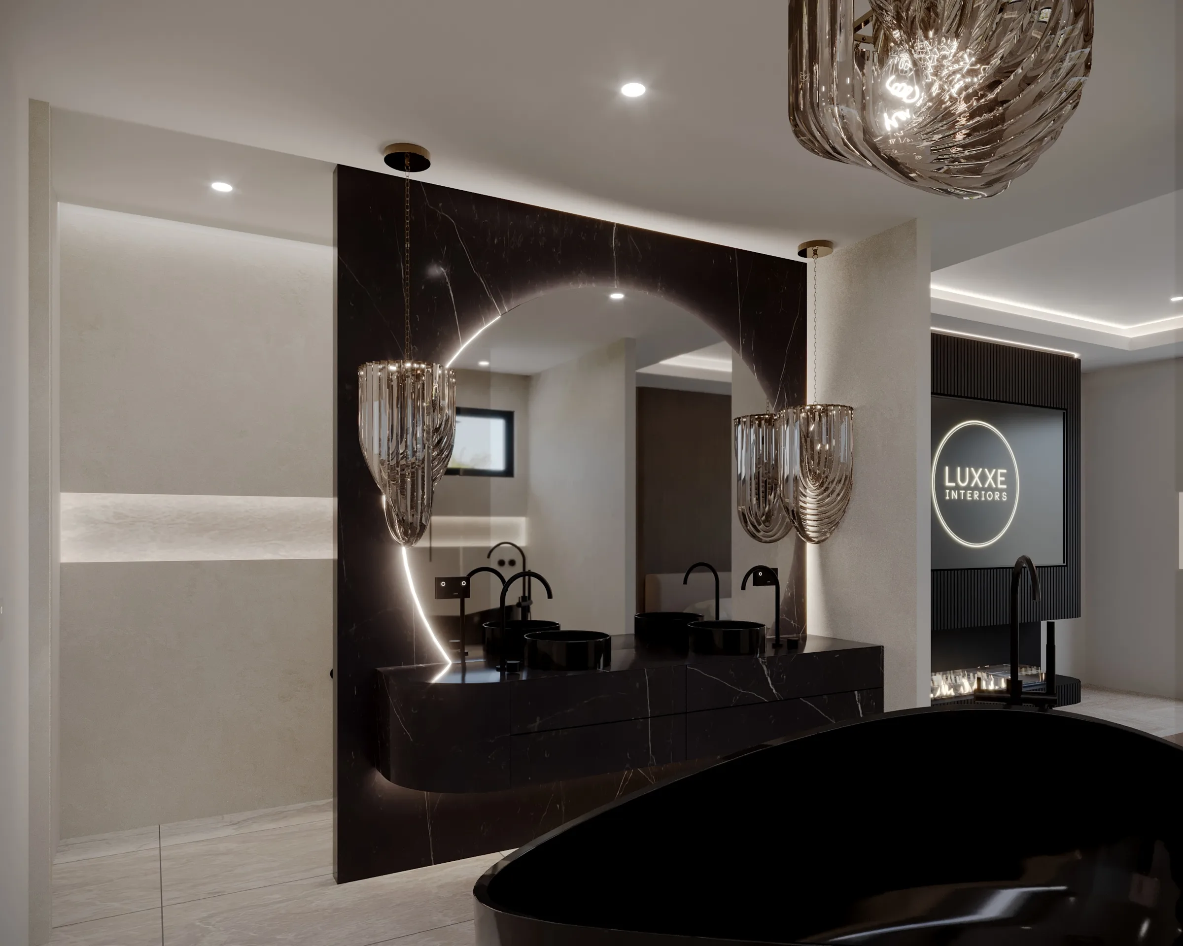 Ensuite vanity in black marble with a circular backlit mirror, smoky crystal pendants and black vessel basins
