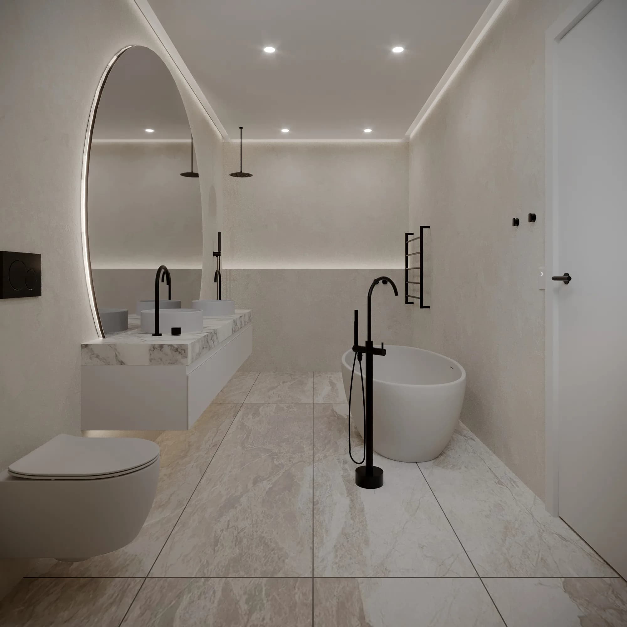 Marble-tiled bathroom with a white freestanding bath, floating vanity, black fixtures and an oval lit mirror