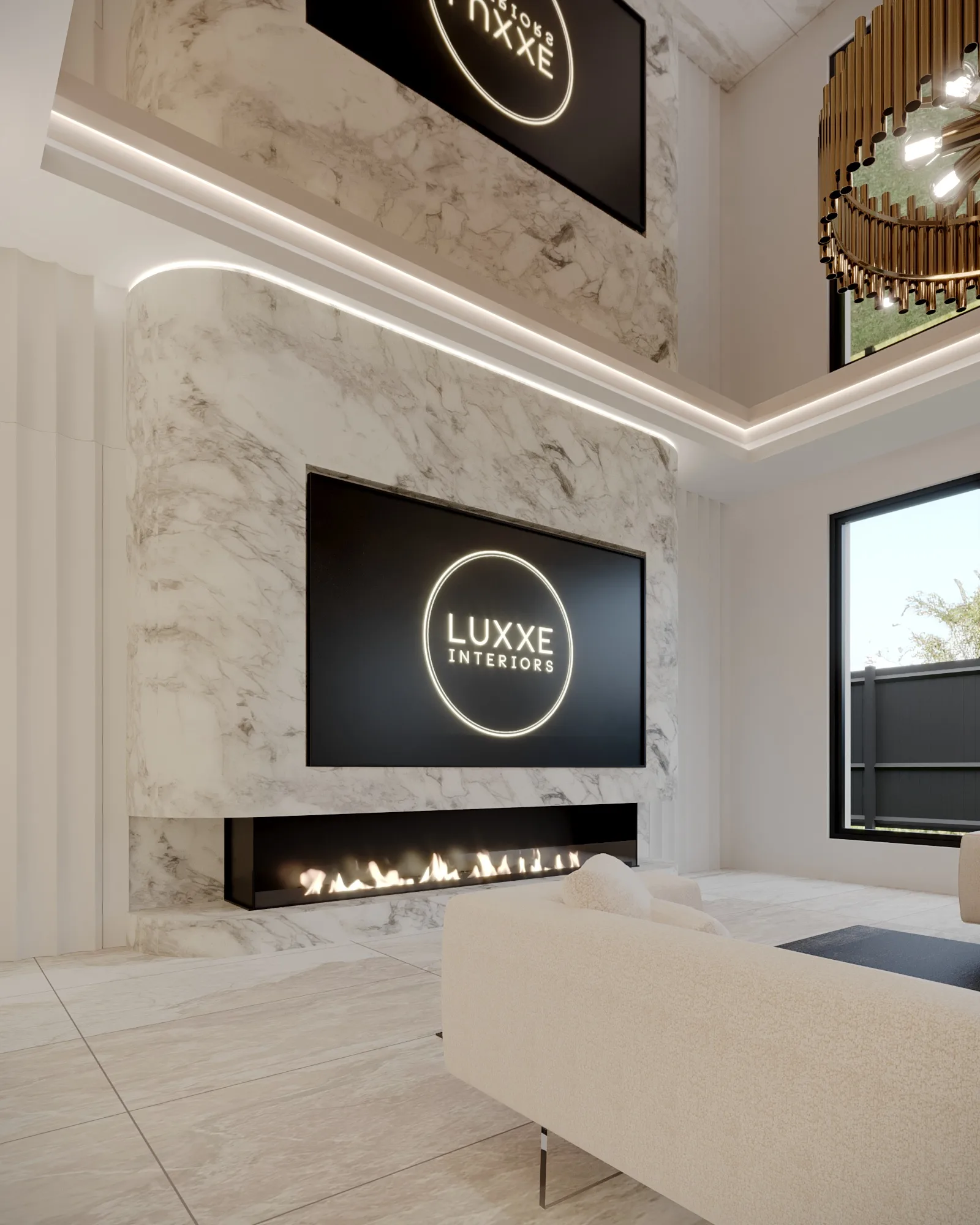 Living room with a veined marble fireplace, linear flame, curved cream sofa and bronze tube chandelier