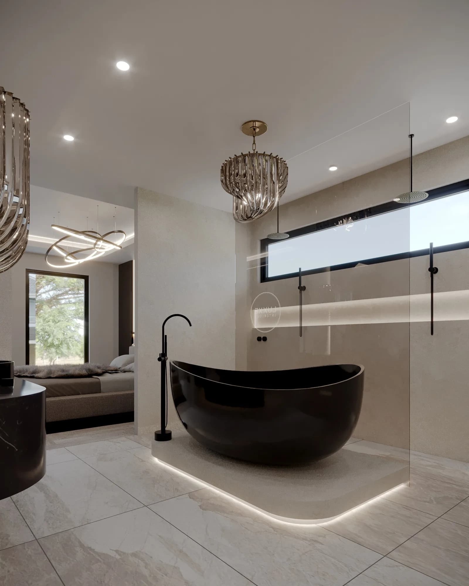 Ensuite with a glossy black bath on a lit plinth, glass shower screen and sculptural crystal pendant