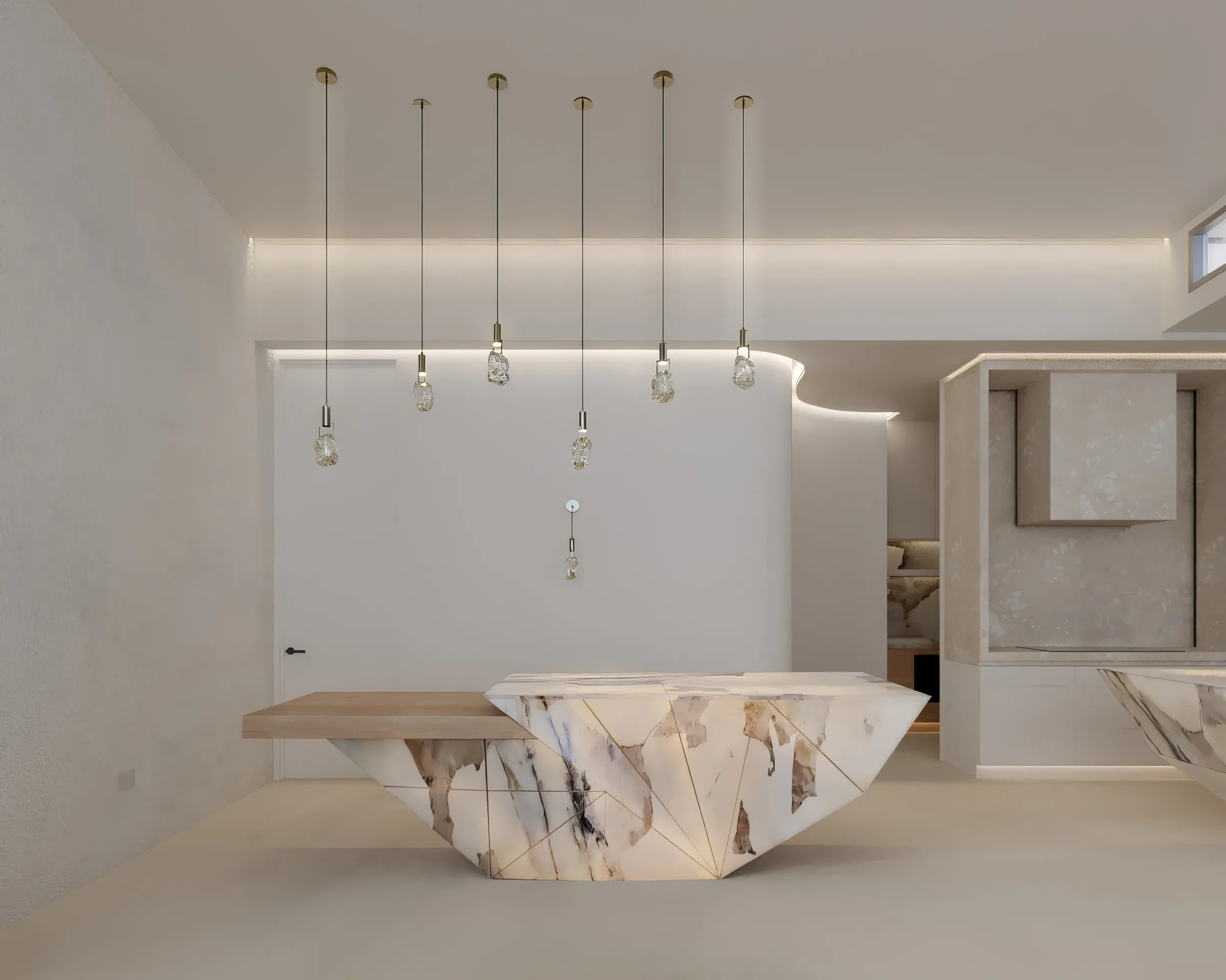 Neutral kitchen with a dramatic veined stone island, stone-clad range hood and softly glowing curved passage