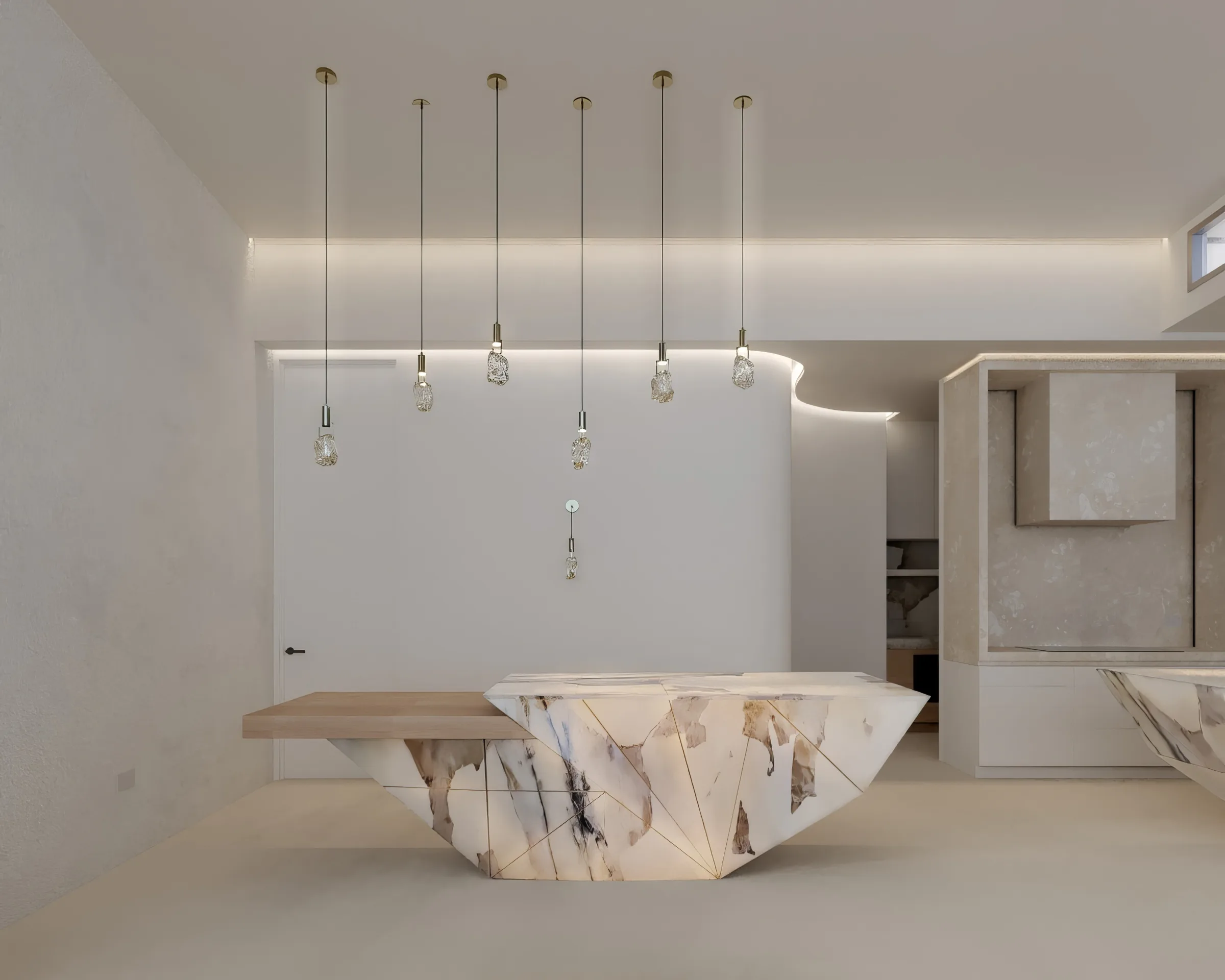 Chalk-toned kitchen centred on a geometric marble island beneath delicate pendants and a luminous ceiling recess