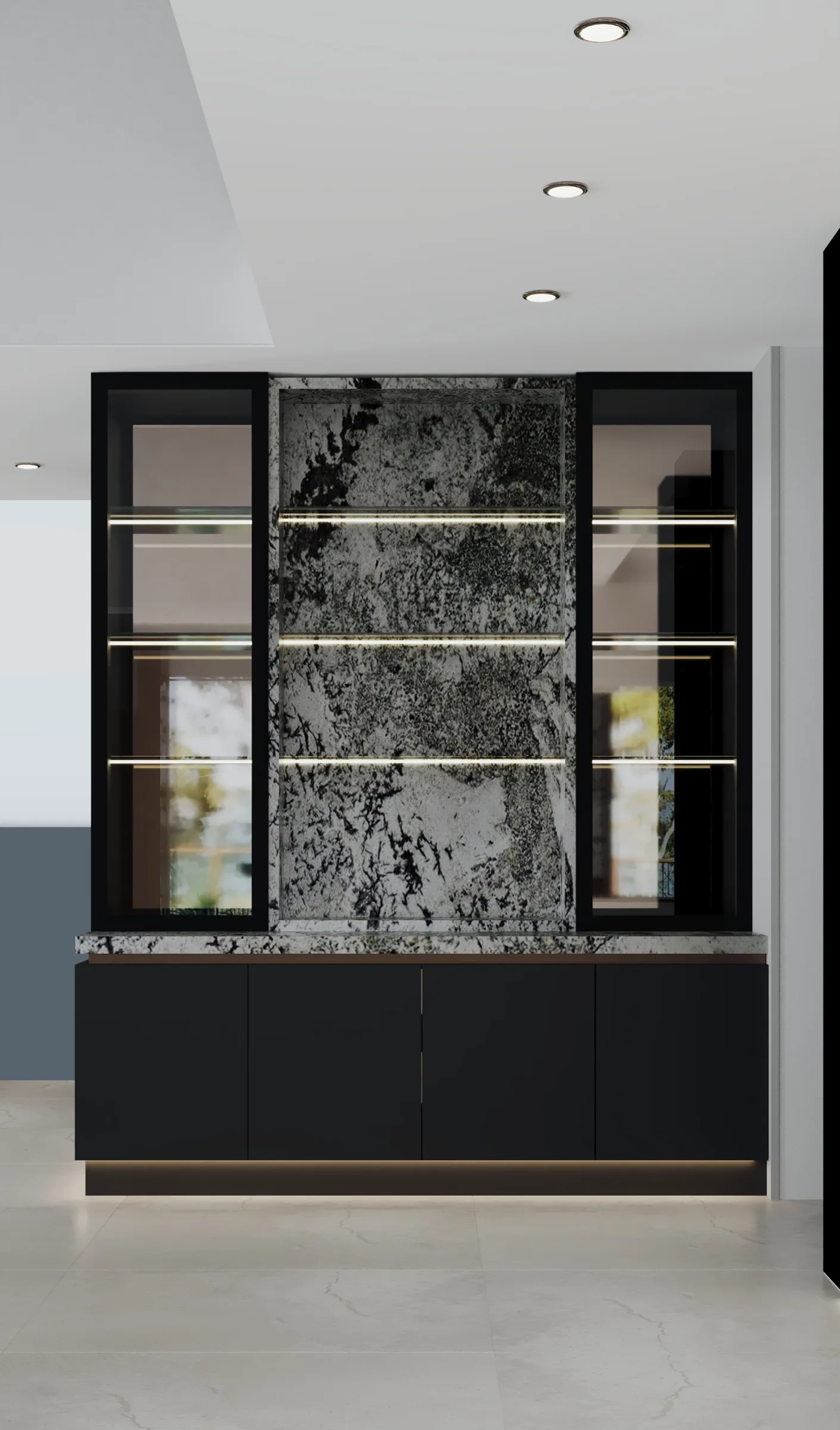 Home bar framed by black glass cabinets, graphic monochrome stone and three illuminated display shelves
