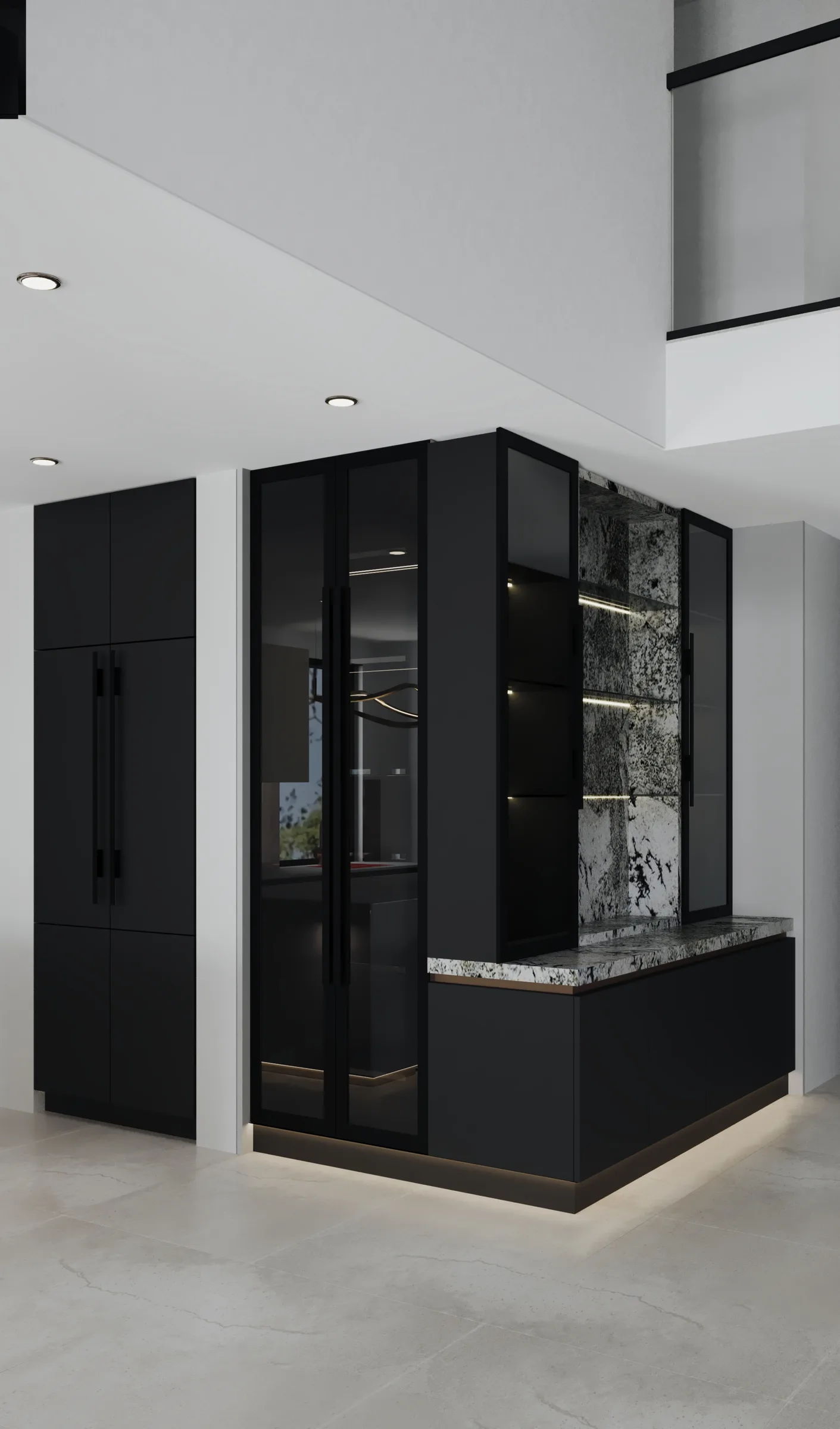 Double-height home bar with black glass joinery, graphic monochrome stone, linear shelf lighting and floating cabinetry