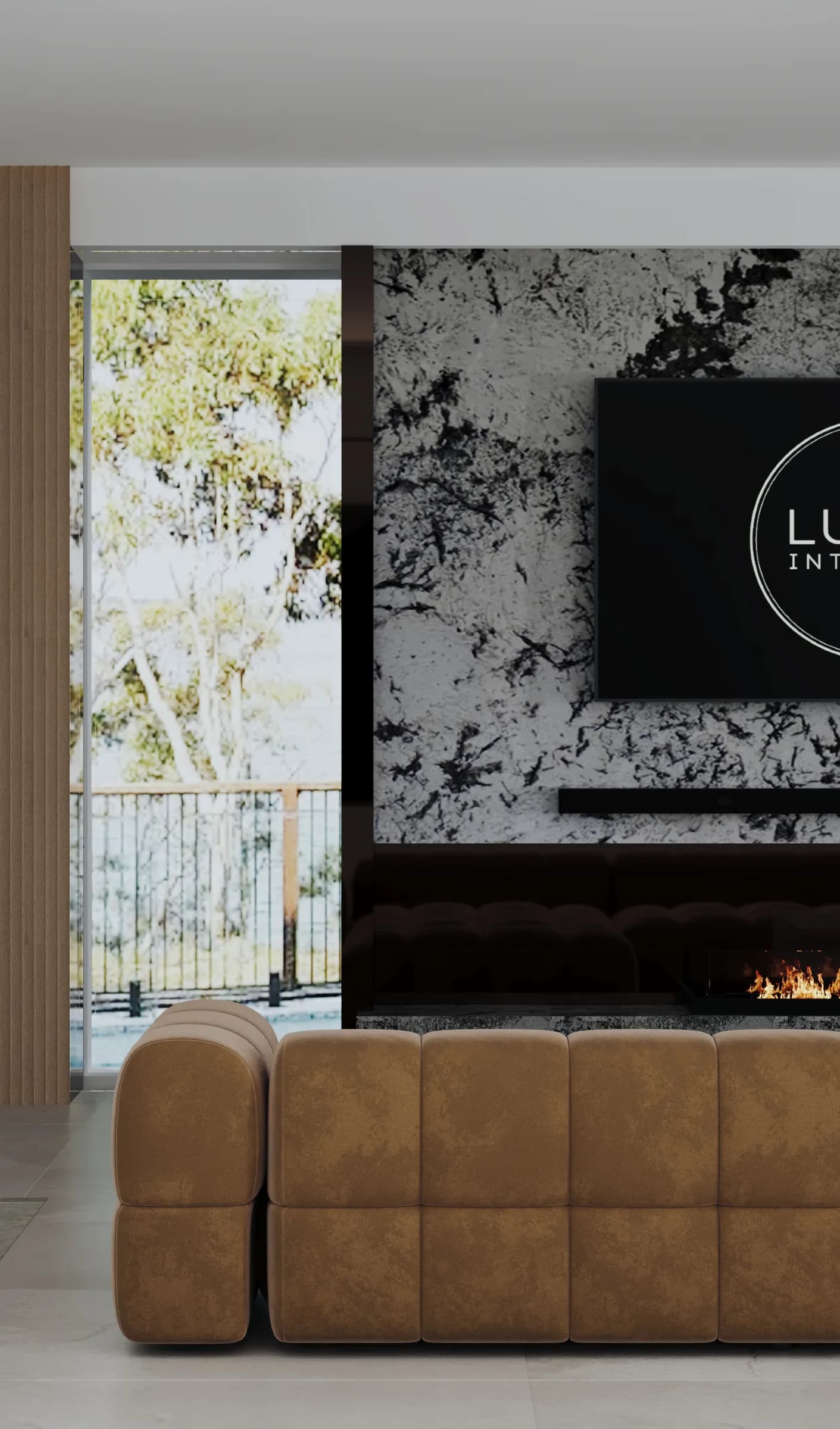 Living room with a caramel modular sofa facing a black-and-white stone fireplace wall and slim black hearth