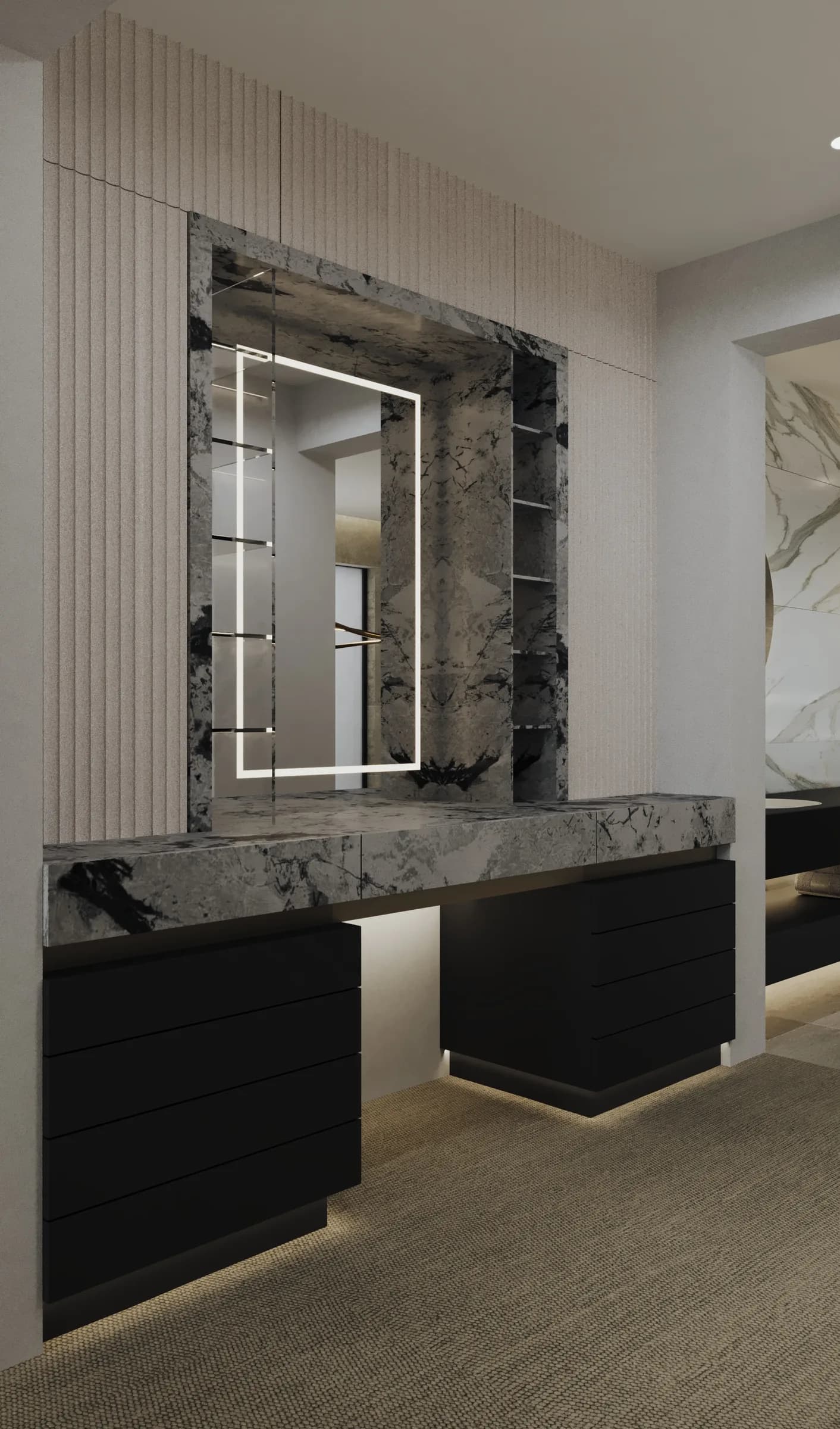 Dressing area with black floating drawers, a graphic stone vanity, ribbed wall panels and illuminated mirror